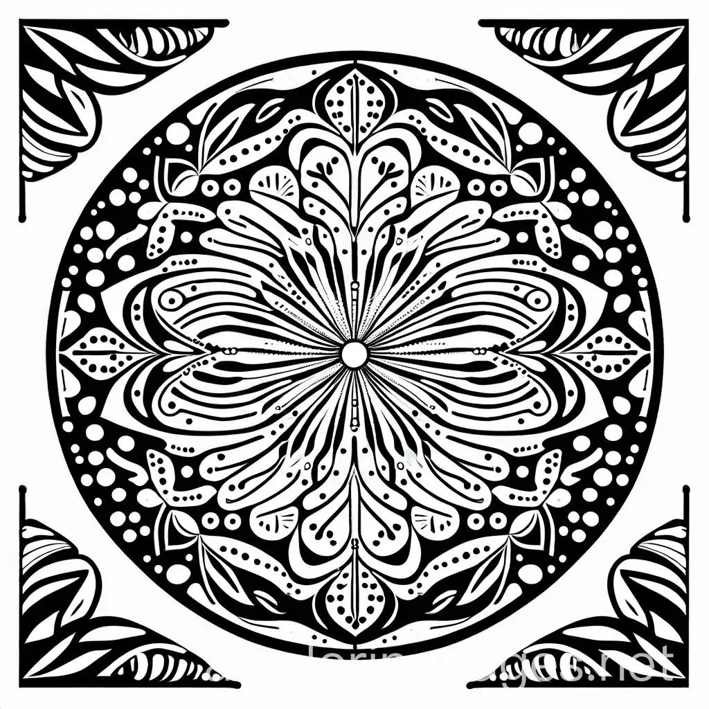 Rainforest Canopy Mandala, Coloring Page, black and white, line art, white background, Simplicity, Ample White Space. The background of the coloring page is plain white to make it easy for young children to color within the lines. The outlines of all the subjects are easy to distinguish, making it simple for kids to color without too much difficulty