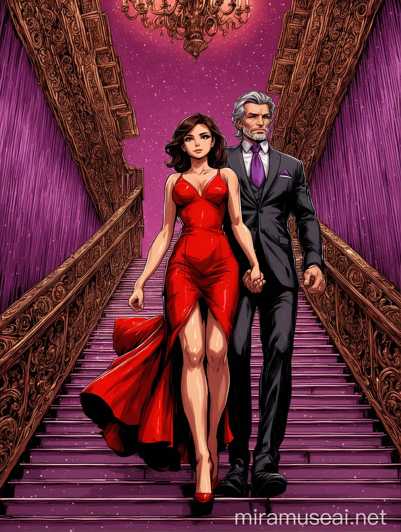Elegant Couple Descending Sparkling Staircase in Red and Purple Tones