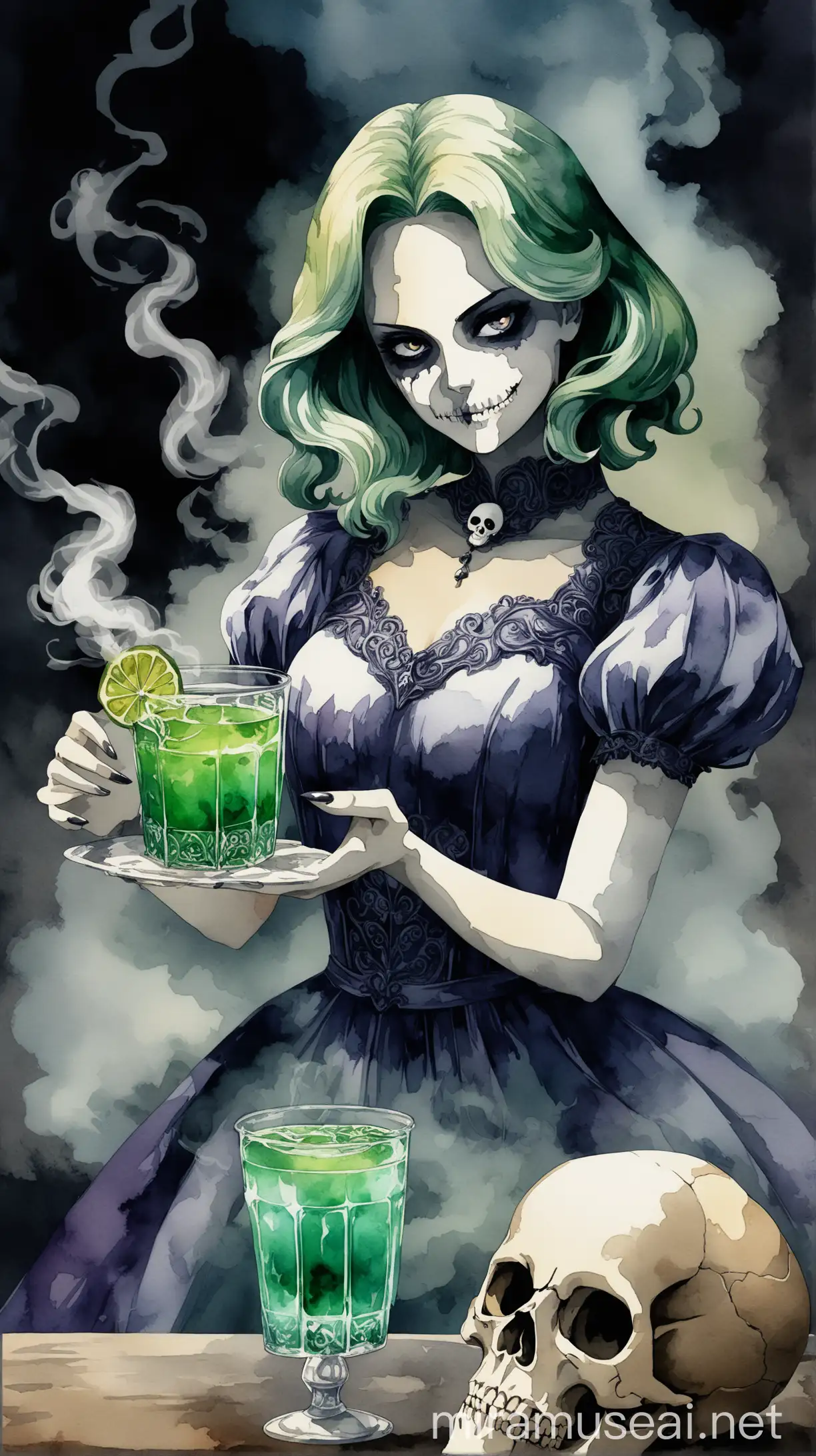 Subject: The central focus of the image is a beautiful and elegant girl holds out a poisoned drink. a skull is formed from smoke above the drink.
Background: dark background painted in watercolor
Style/Coloring: Colors adds depth and richness to the scene. Textures and shadows make the picture more detailed. JoJo reference.