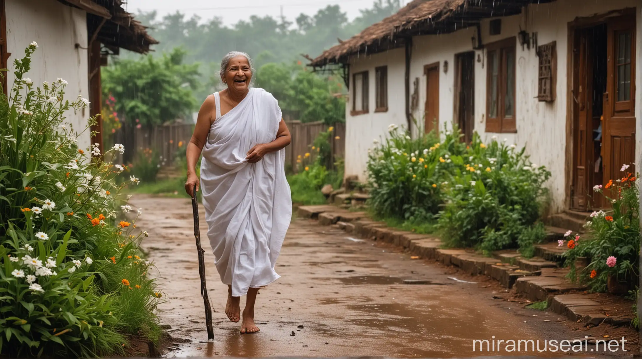 
old desi indian fat age 70 woman walking with a  single stick wearing a white towel she is happy and laughing . she is bending and standing . its evening time and in background there is a old village luxurious house   with flowers and grass and its raining.