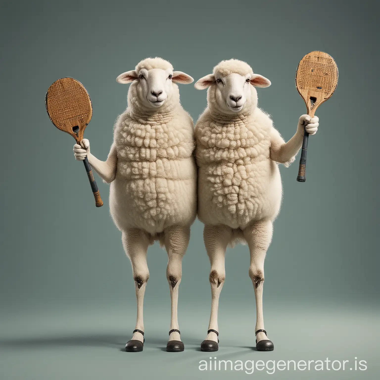 2 sheeps as human character (on 2 legs),holding padel racket
