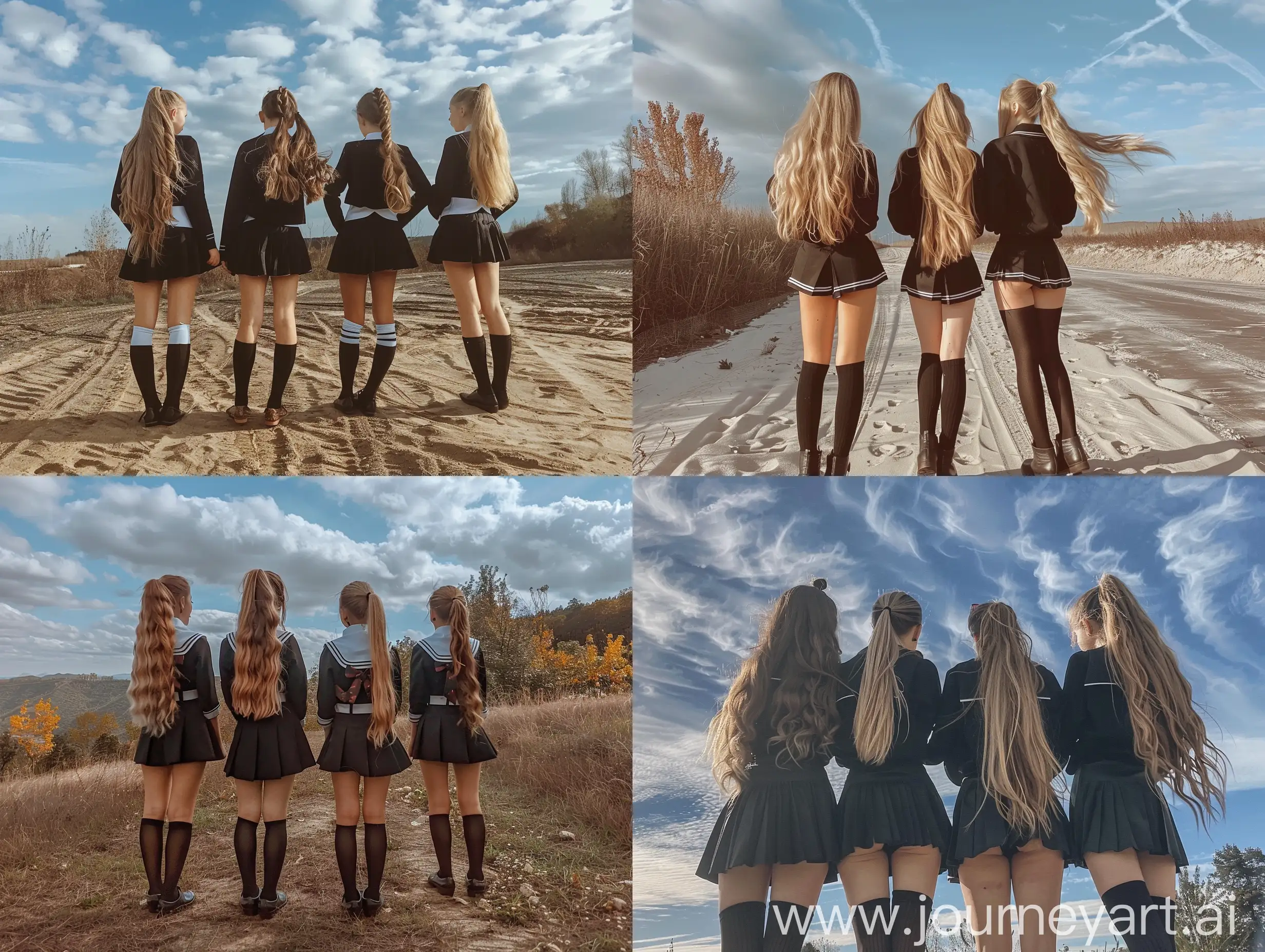 Four-Young-Women-in-Trendy-School-Uniforms-Posing-Outdoors