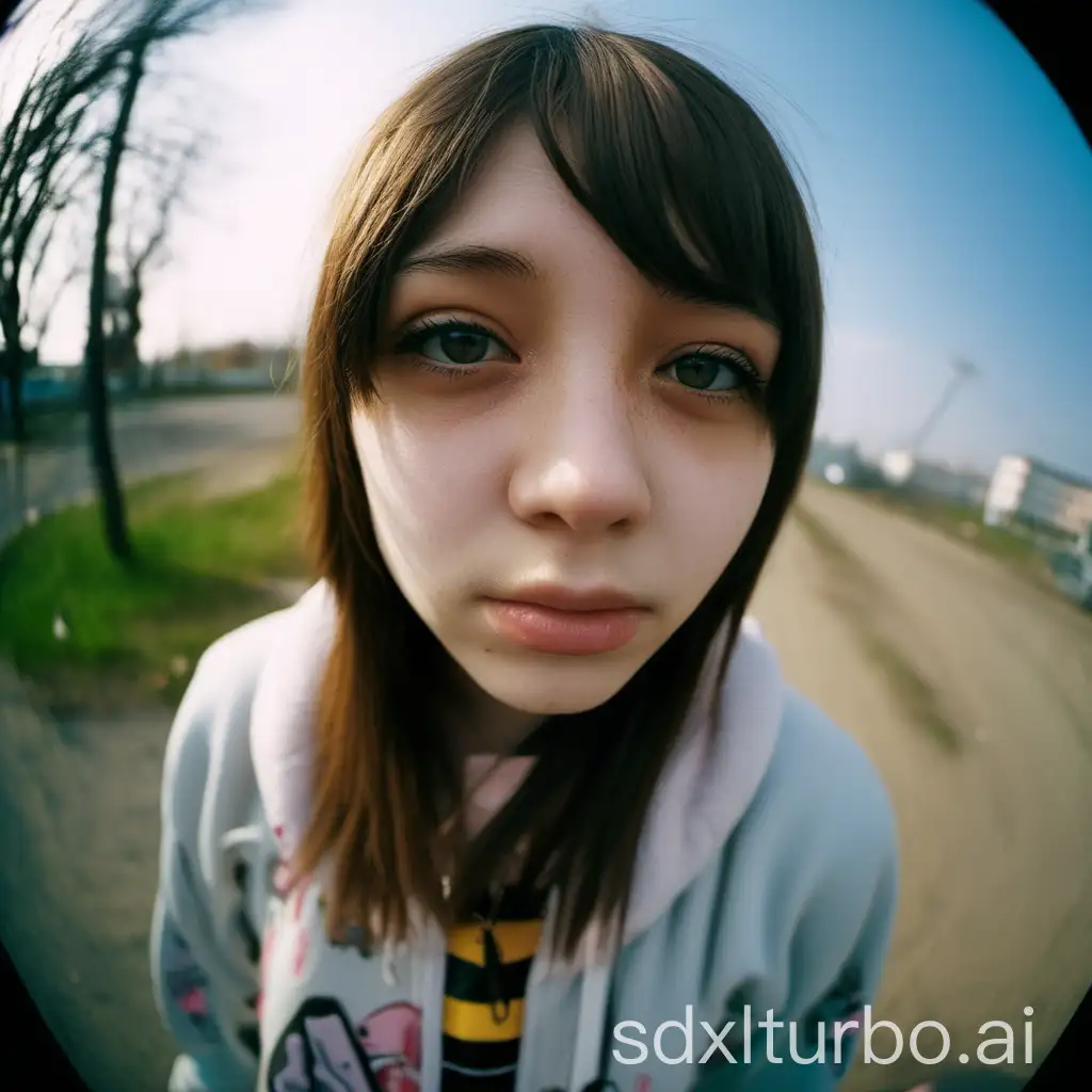 absurdness overdetailed real pentax helios-44m photo fisheye lens of russian post-soviet 2007-2008 00's abstract emo-core 18yo sexy cute nya kawaii girl close-up portrait pleasant attractive, skin pores and moles and goosebumps