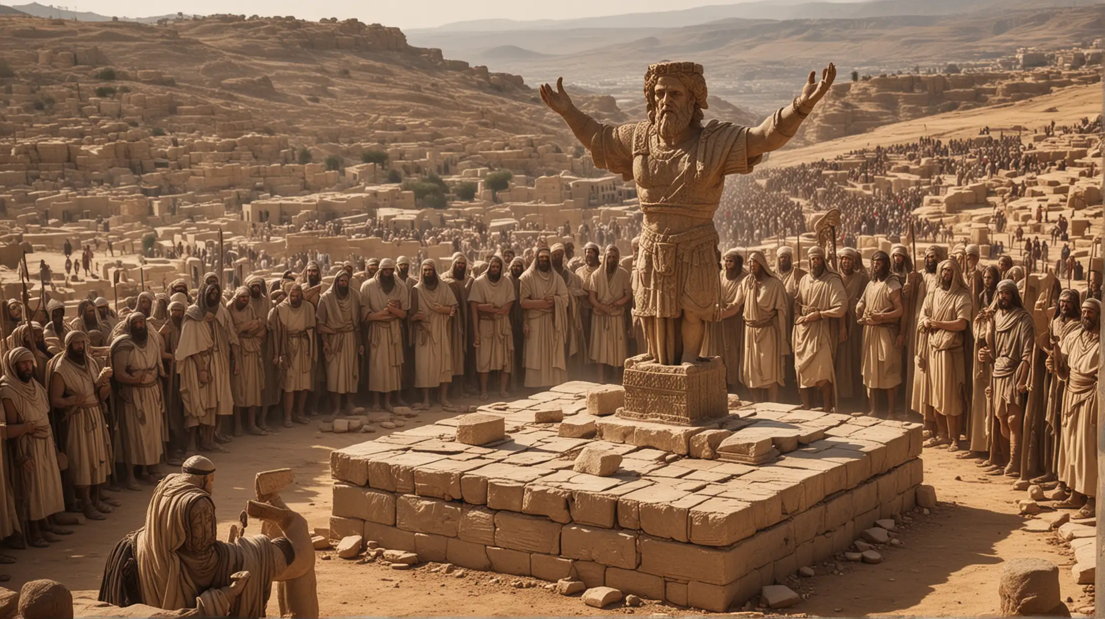 A statue of  Baal and a sacrificial altar from the Biblical Book of Judges , with a group of  people in the background during the Biblical era of Joshua.
