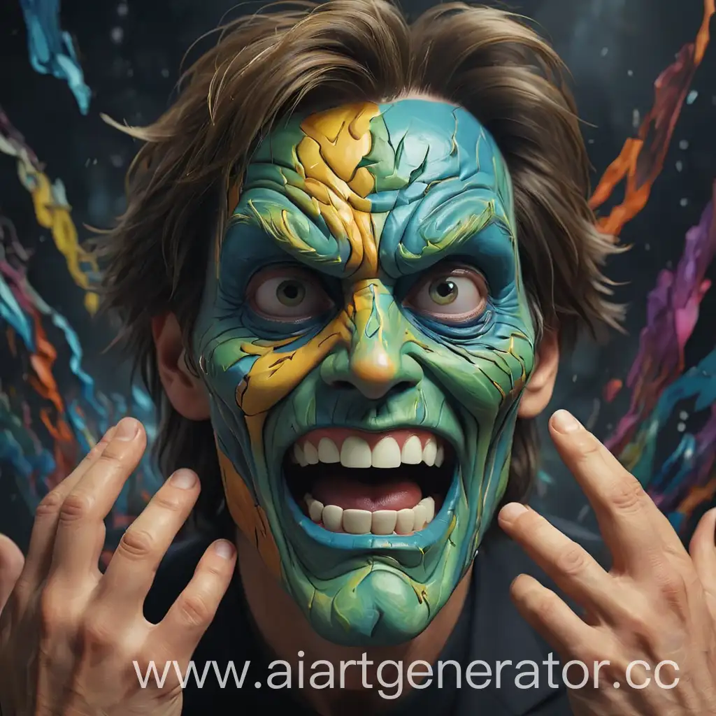 Transformation,Struggle, Duality,  Jim Carrey, Mask, Face, Hands, Expression  Bright, Contrast,  Saturated Composition, Dynamic, Intense,   Nightmare, Psychedelic, Alternate Dimension, Surreal elements, glowing, fragmented,  First Person,   Tense,   , Mask, Personality,  Duality, Transformation, Emotions, Movie Mask, Tears off the mask