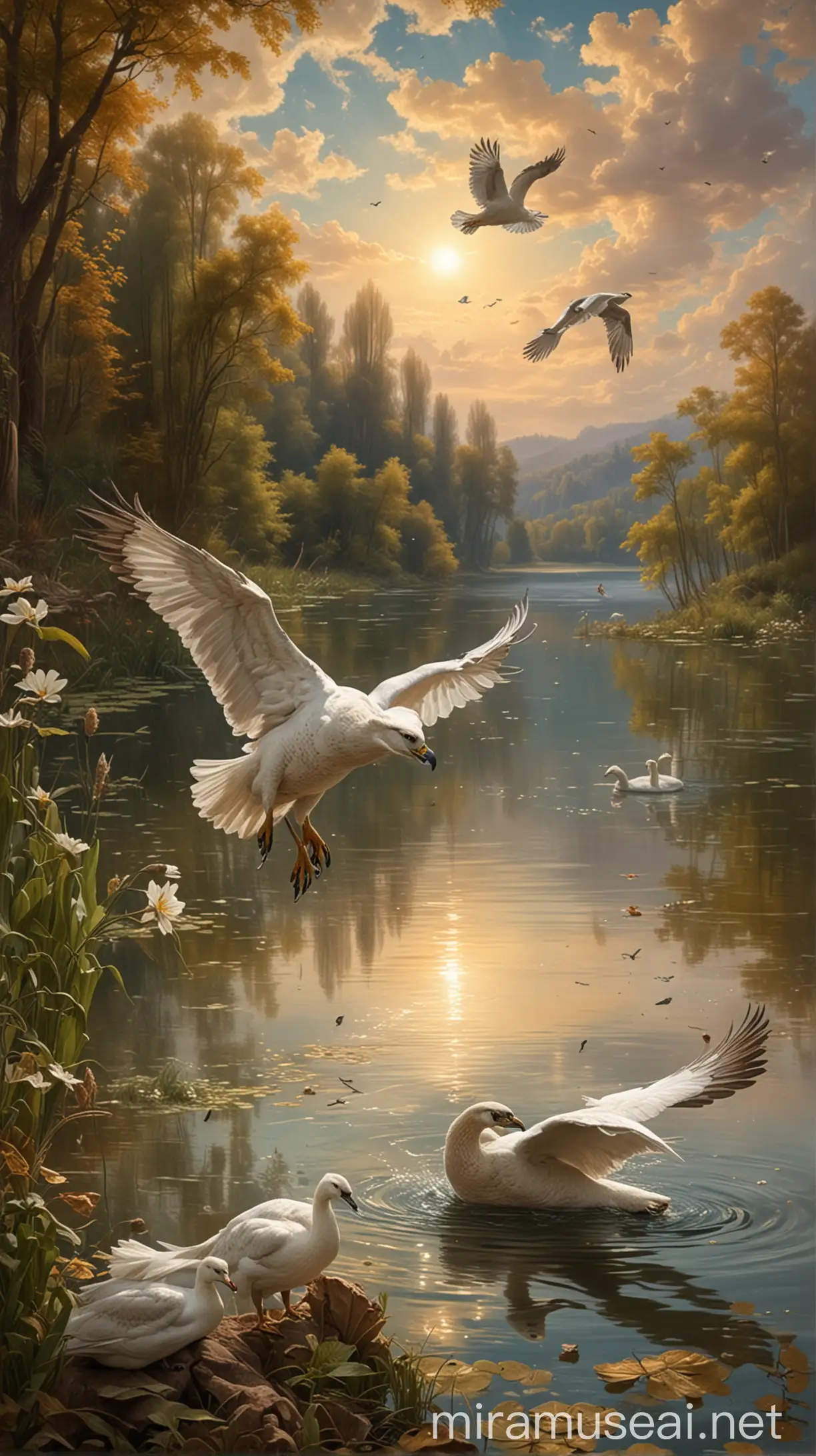 Majestic Falcon Soaring Above Swan on Calm Lake