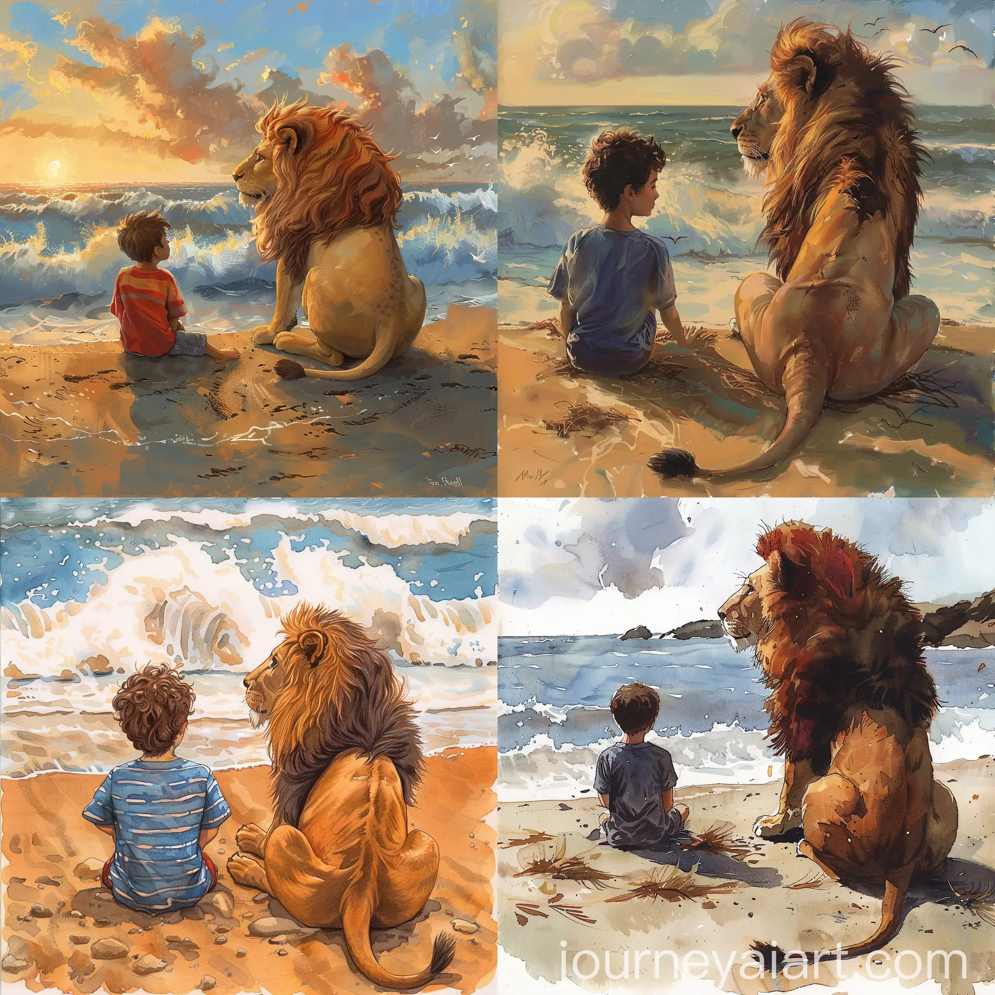 Boy-and-Lion-Enjoying-Tranquil-Sea-Shore-View