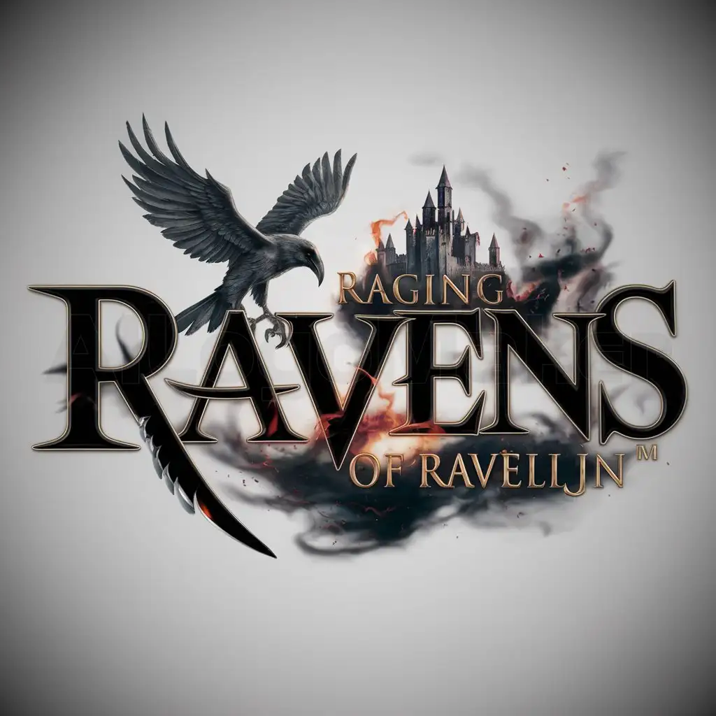 a logo design,with the text "Raging Ravens of Ravelijn", main symbol:a logo design, with the text 'The Raging Ravens of Ravelijn', main symbol:logo fantasy, d&d, dark, violent, 3d, cinematic, clean sign logo Dark Souls look like, sharp focus, cinematic lighting, photorealistic, black letter font withk blade effect, medieval, clear background, dark magic flames effect, Castle in the background,Moderate,be used in Entertainment industry,clear background