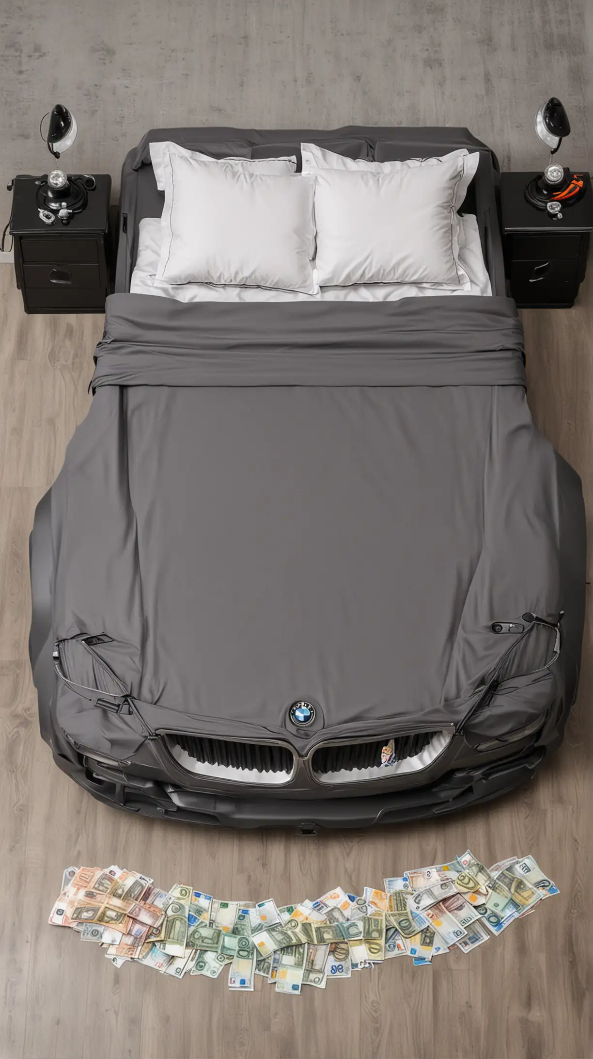 Double bed in the shape of a BMW car with headlights on and with a euro money worm graphite