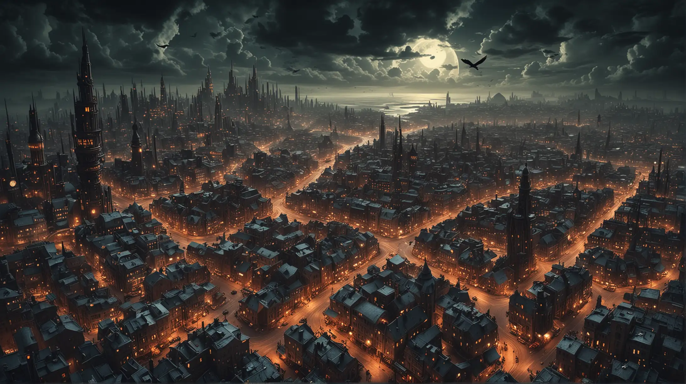 psychodelic landscape of a giant steampunk city, dark night, good weather, bird's eye view