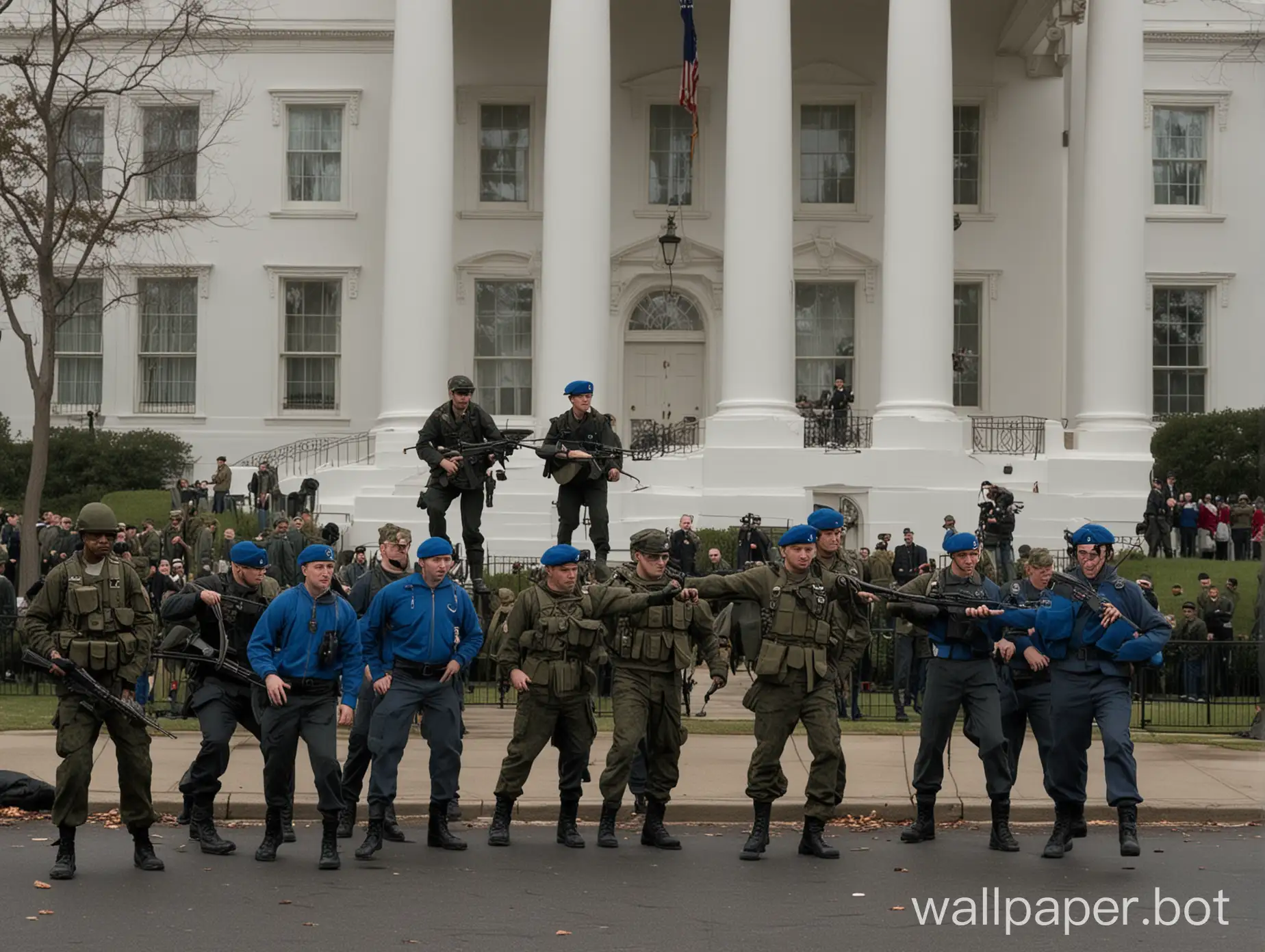 soldiers in dvd in blue berets storm the White House in Washington