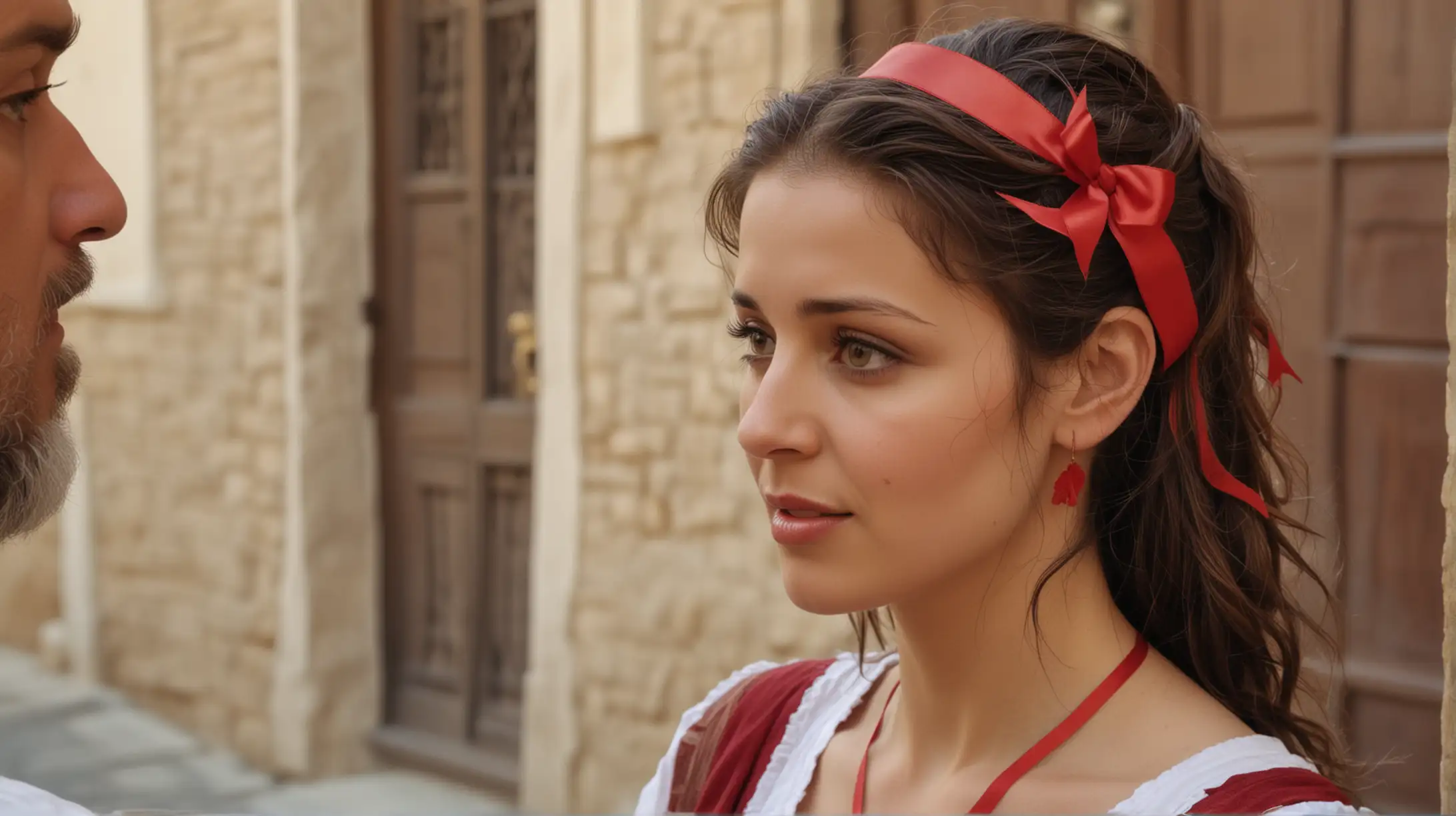 a close up of an attractive woman with a red ribbon in her hair, talking to 2 men on the street outside her house.  Set during the Biblical era of Moses, in the Middle East.