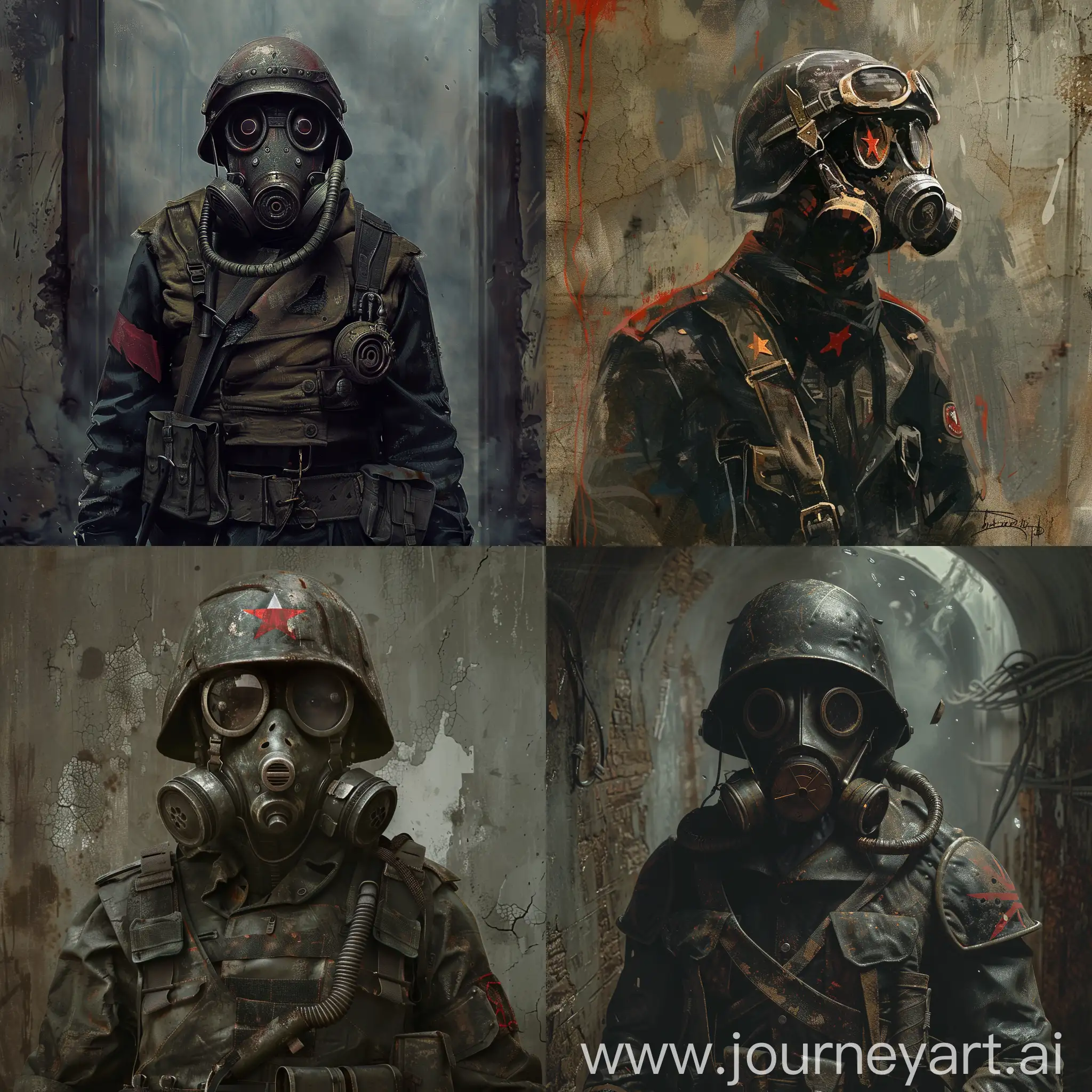 Make art of Orden fraction Metro 2033 soldier, wearing gasmask, soviet old military uniform, soviet old military heavy vest, helmet on the head.
