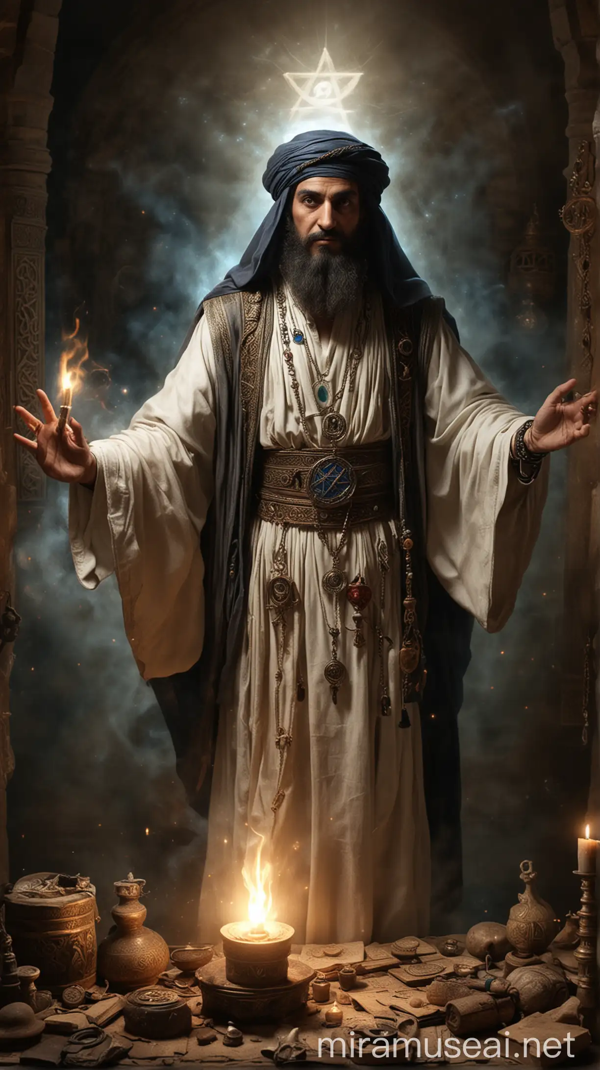 Labid ibn al-A'sam, the Jewish Sorcerer: Create an image of Labid ibn al-A'sam, the Jewish sorcerer, depicted with a mysterious aura and an intense gaze. He should be shown performing secretive incantations, surrounded by mystical symbols and artifacts.