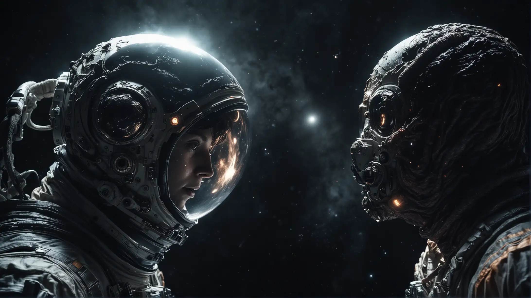 An astronaut floating in the void of space, face-to-face with a sinister, glowing extraterrestrial creature