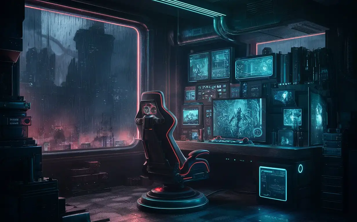 gaming room filled with electronics and cyberpunk devices, one chair, window, raining outside, dark