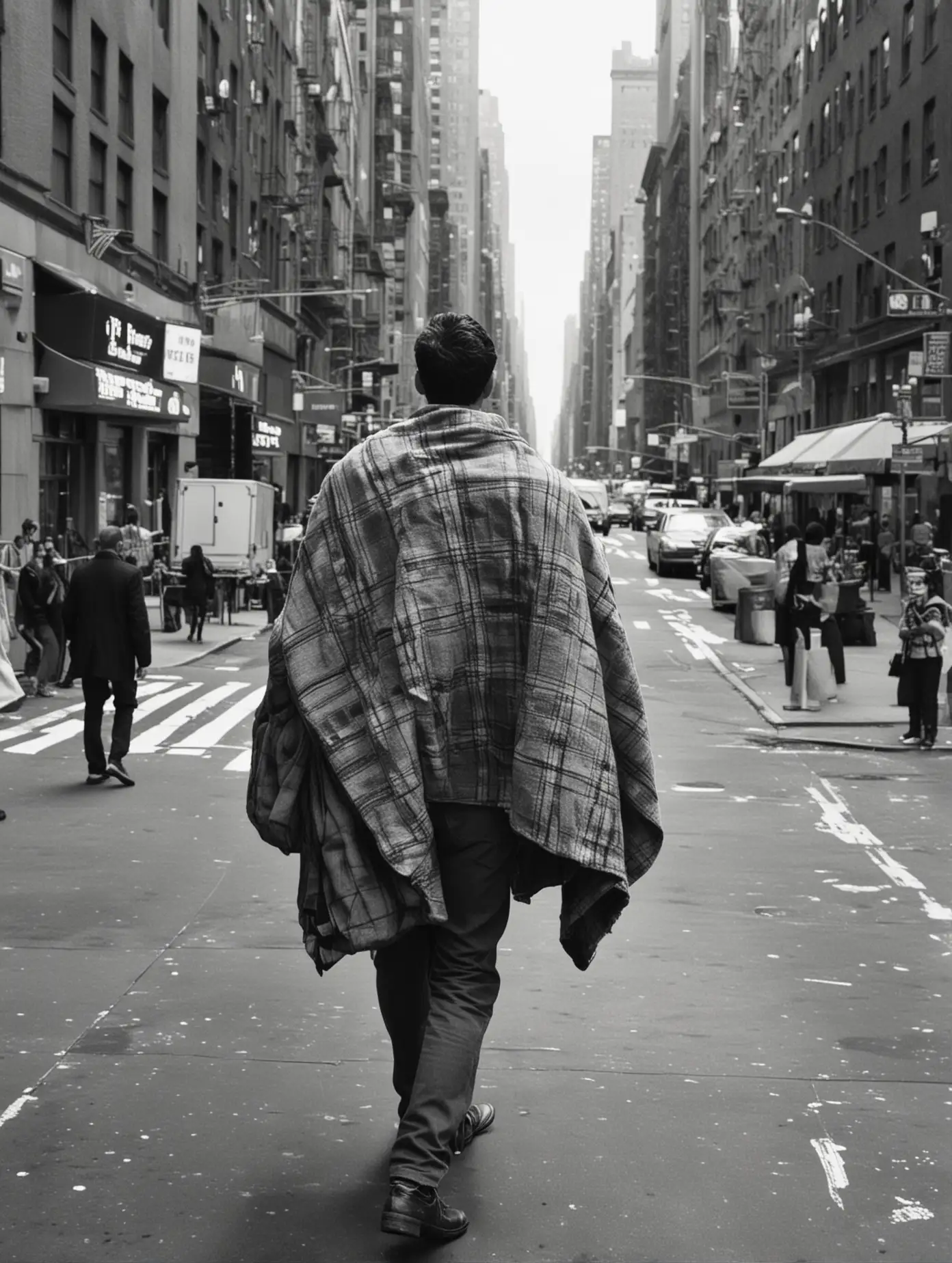 Urban Traveler with Suitcase and Blanket in New York City