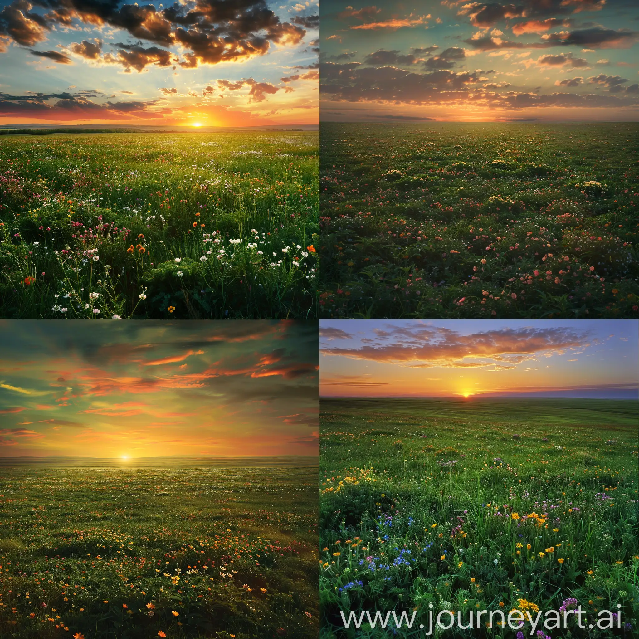 Dreamy-Sunset-Landscape-with-Green-Plains-and-Flowers