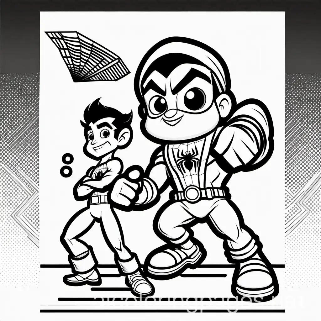 spiderman with chota bheem, Coloring Page, black and white, line art, white background, Simplicity, Ample White Space