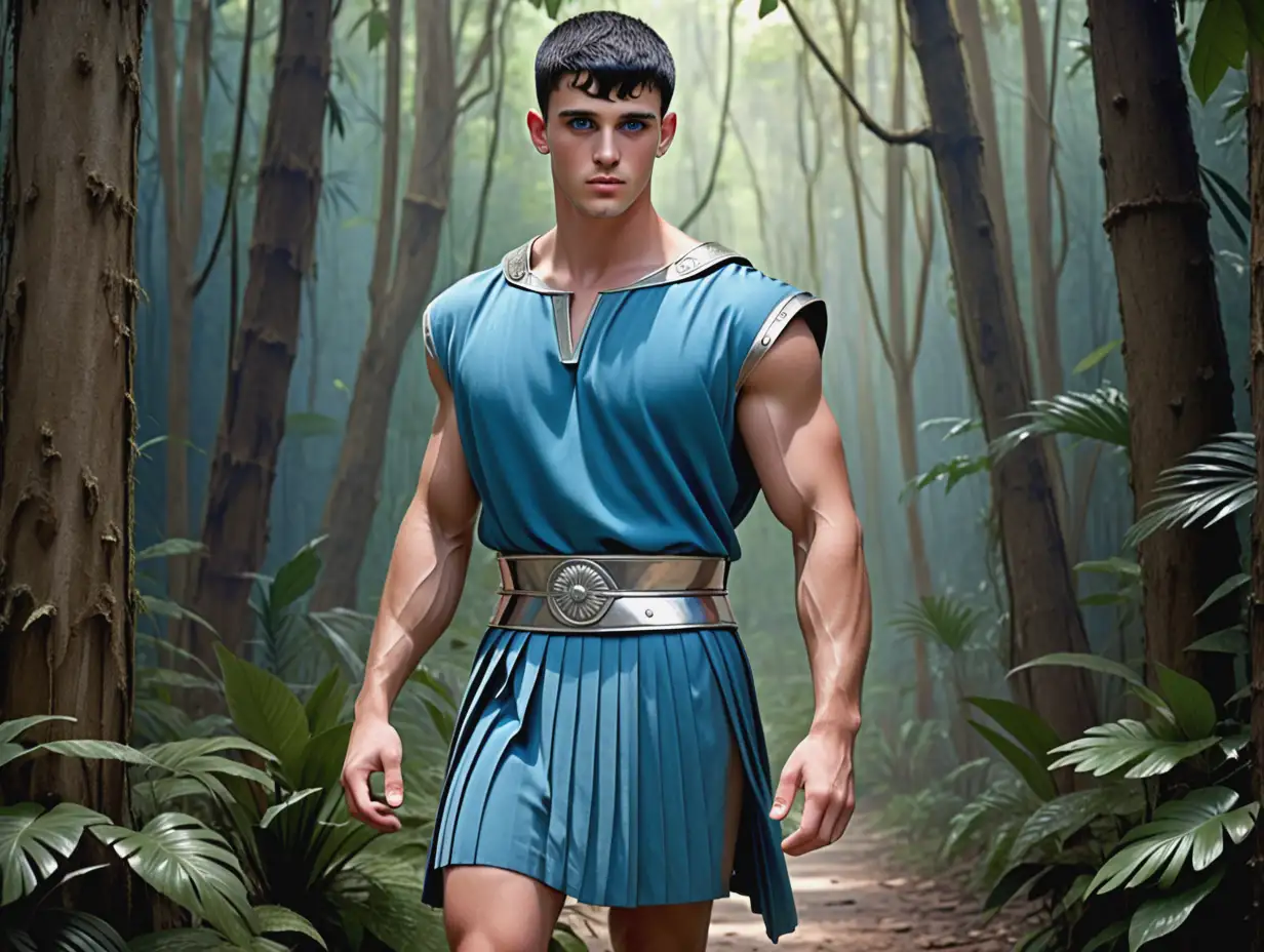 Subject: Muscled handsome young man with short black haircut and silver eyes. He wears a blue greco-roman tunic, pleated below his belt, and sandals with bare arms and legs.

Setting: Humid subtropical forest woodland