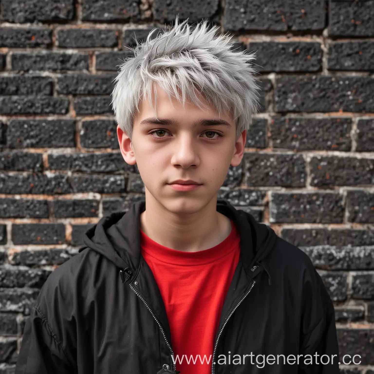 A teenager with gray hair, red eyes, wearing a red T-shirt and a black jacket. It stands against a background of black bricks