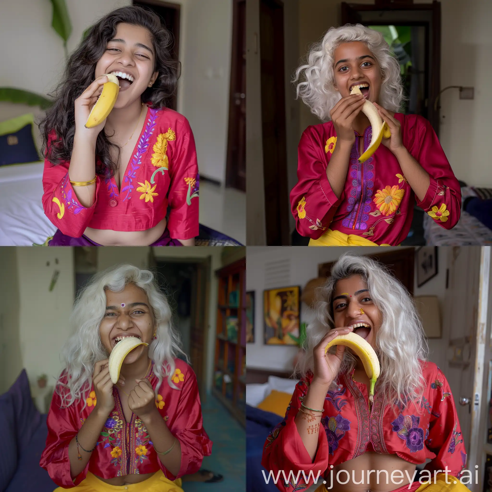 a stunning photograph of a beautiful and curvy, natural, white skinned, Malayali teenager named Meghana Nair, wearing a neat and clean smooth and soft Indian traditional ethnic kurta with bright red color and purple floral designs, inside her room, chewing on her favorite banana fruit and smiling playfully, hd, 4k resolution, professional photography, high quality, waist shot