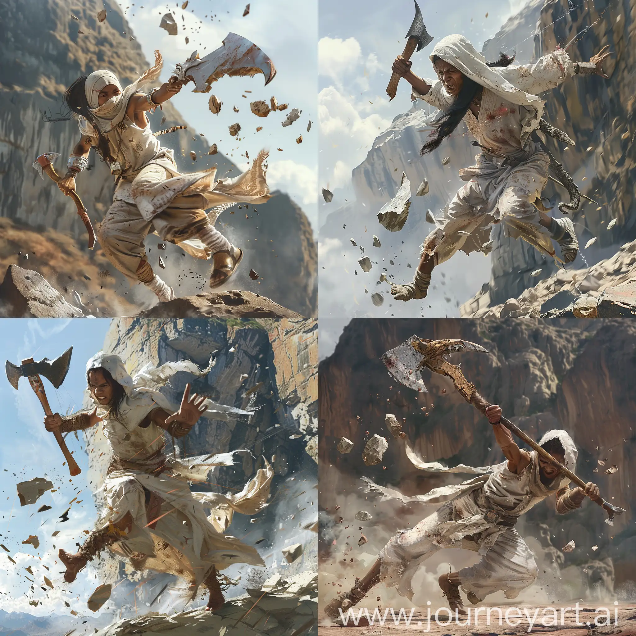 A 20 year old Indonesian warrior. Wearing dirty white clothes. Brown skin color. Long black hair. Wearing a dirty white headscarf. A short ax with a dragon-shaped handle, leaps into the air while throwing a double-edged sword. Stone fragments flew from the impact. Stone mountain background. HDR.