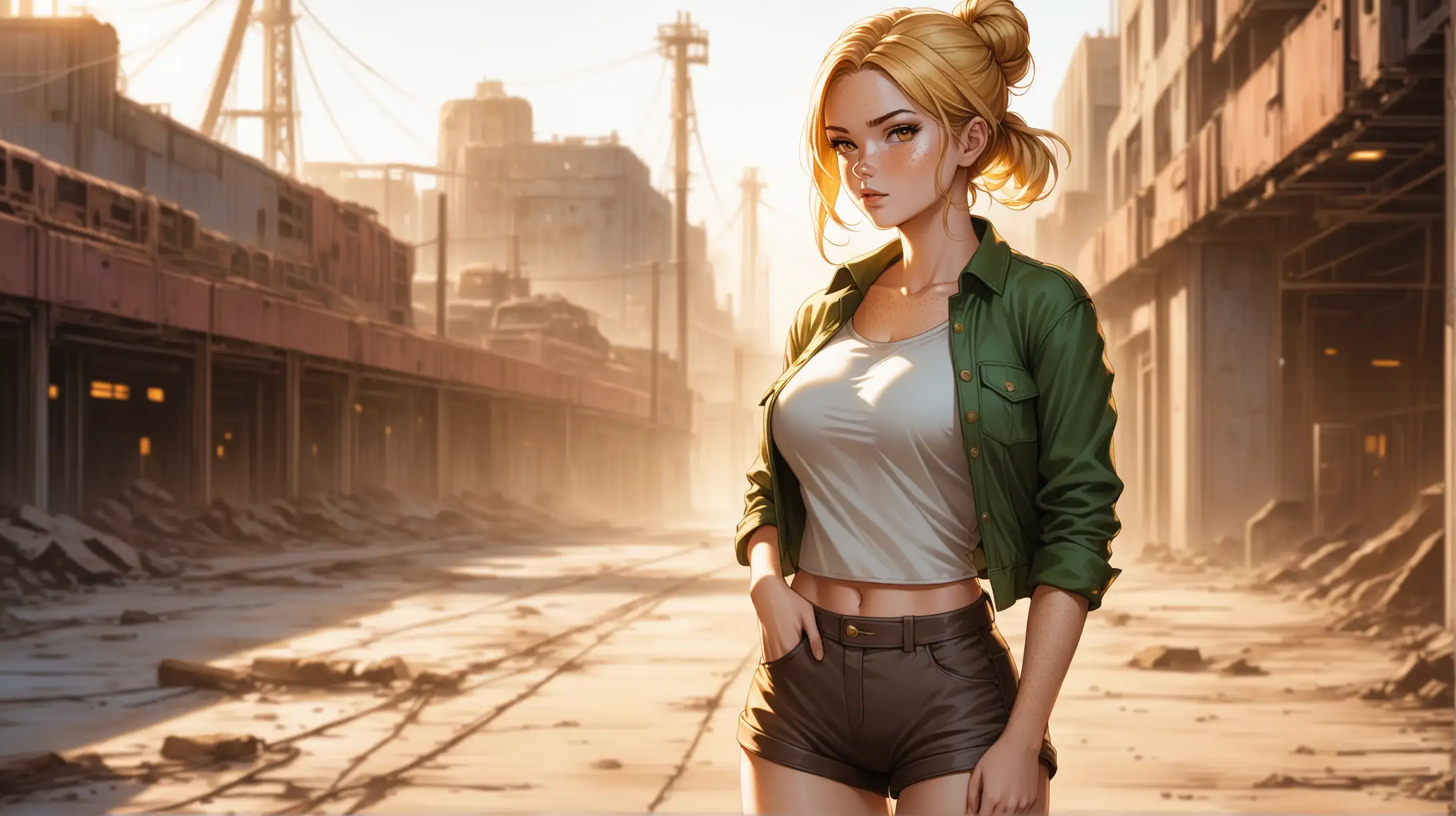 Draw a woman, long blonde hair in a bun, gold eyes, freckles, perky figure, shorts and shirt inspired from the Fallout series, high quality, cowboy shot, outdoors, urban setting, seductive pose, natural lighting, loving gaze toward the viewer