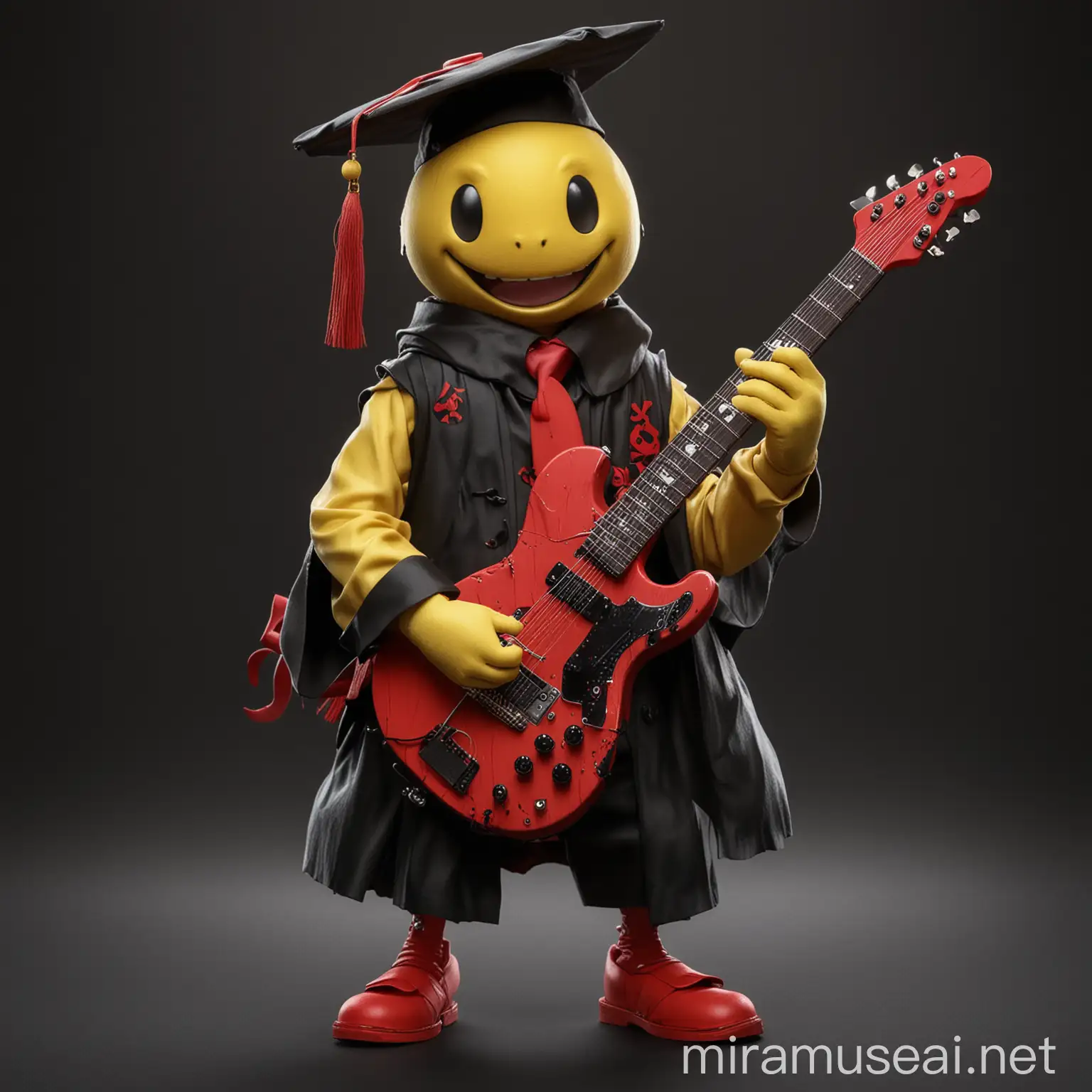 koro sensei avec une guitare electrique rouge dans les mains fond sombre en tenue de remise de diplome noir avec une casquette noir et des tentacules
