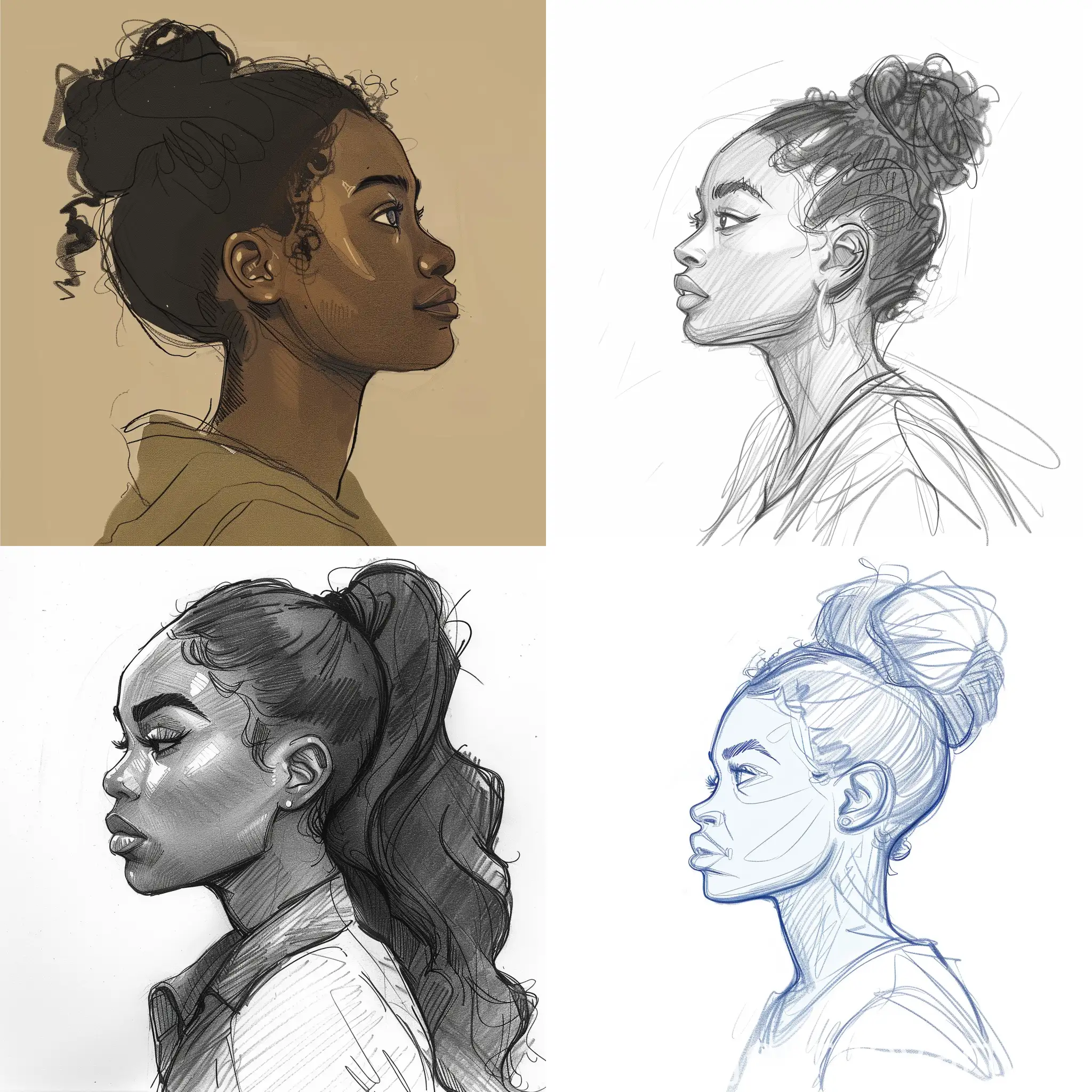 2D Rough digital drawing of profile shot of Black woman, beautiful, pretty