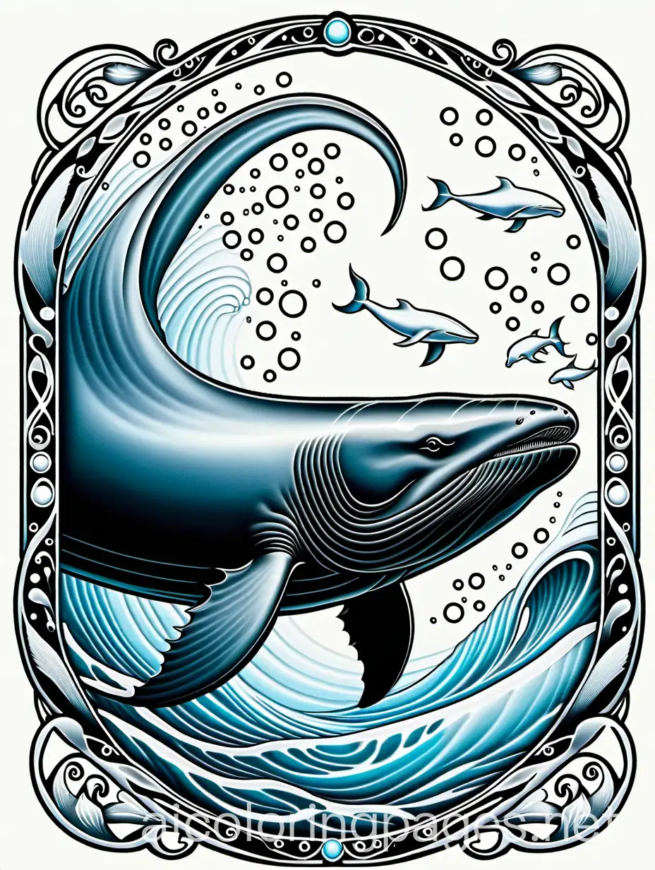 Bowhead Whale, fantasy, ethereal, beautiful, Art nouveau, in the style of Brian Froud, Coloring Page, black and white, line art, white background, Simplicity, Ample White Space. The background of the coloring page is plain white to make it easy for young children to color within the lines. The outlines of all the subjects are easy to distinguish, making it simple for kids to color without too much difficulty