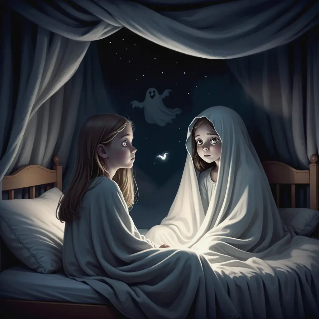 Young girl sitting in bed, under the blankets, at nighttime with a vision of her best friend in her memory. Longing. Missing her friend.  Memory of her friend hanging over her like a ghost story. The ghost should look more like a shadowy figure of a young girl.