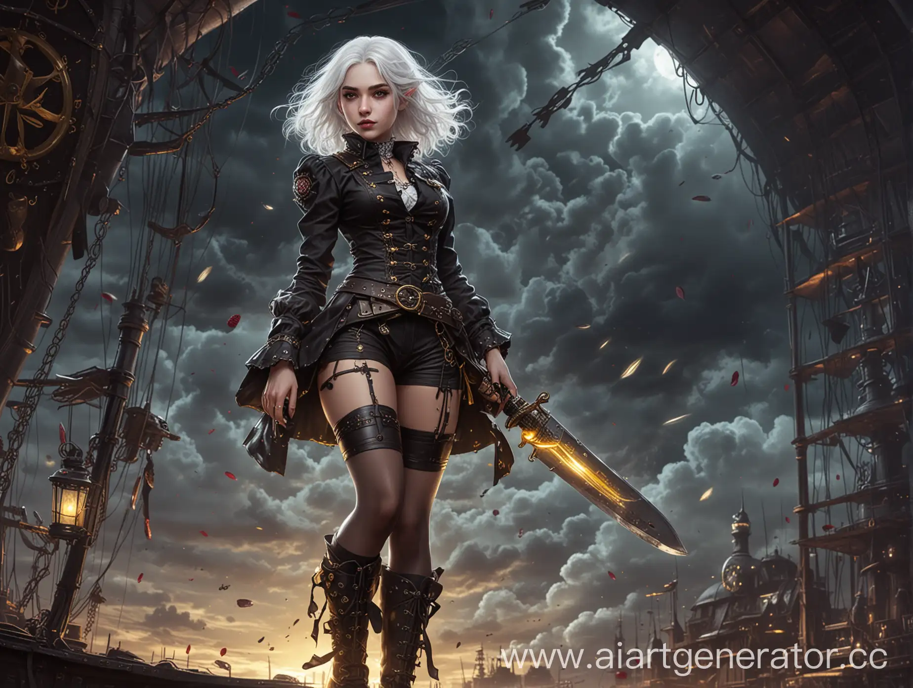 Steampunk-Dark-Fantasy-Art-Girl-with-Glowing-Hair-on-Airship