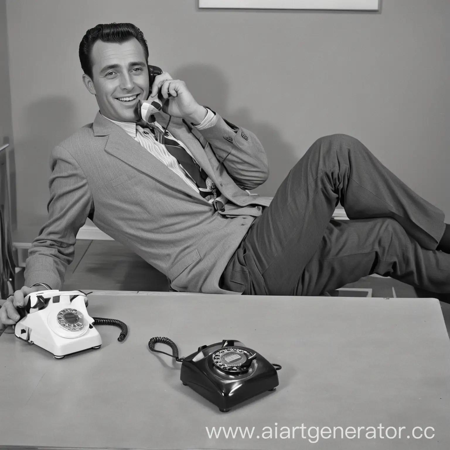 Мужчина в 1960 общается по телефону закинув ноги на стол