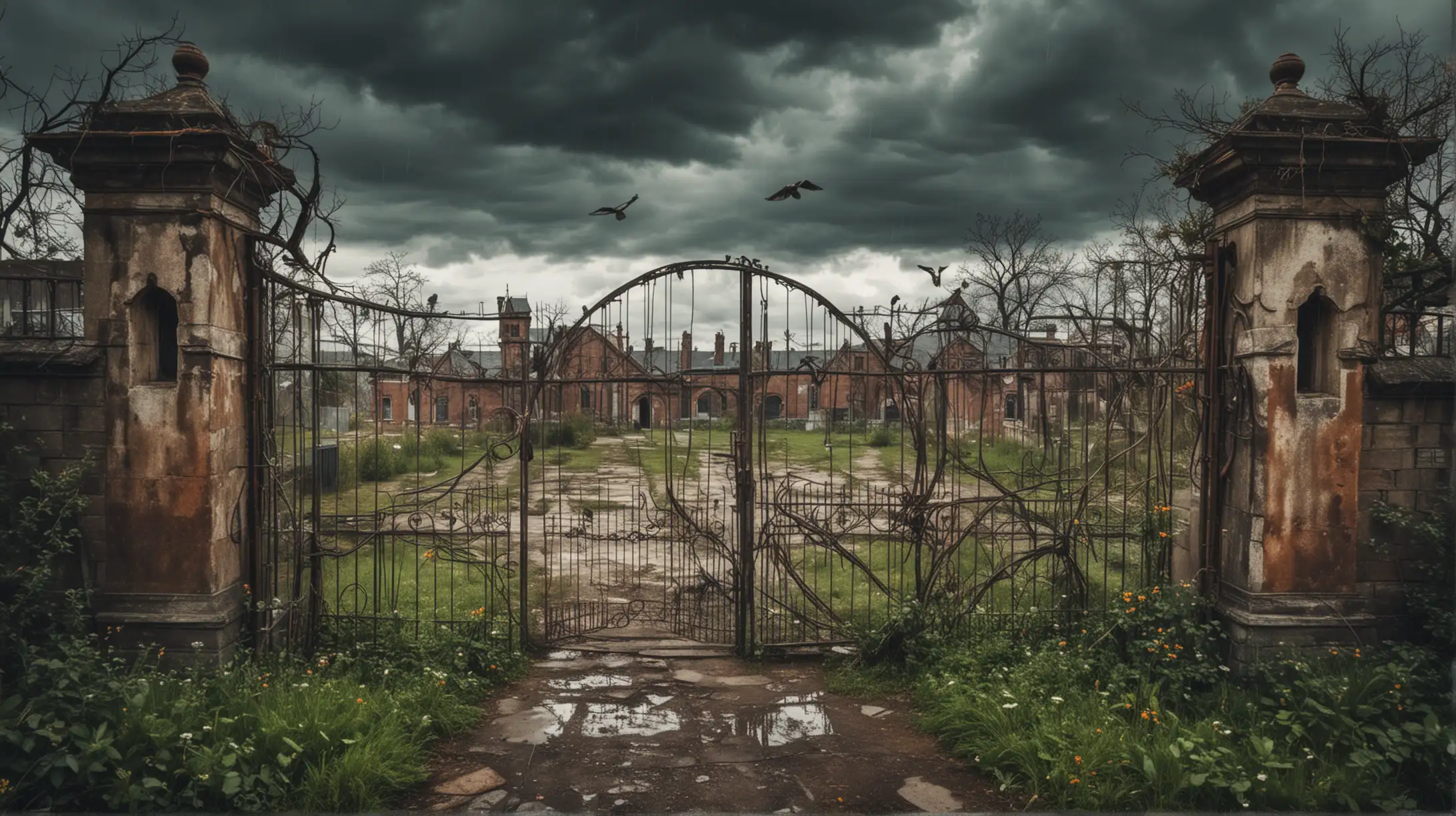 an old steampunk lunatic asylum, old devastated fence with a wide gate, neglected garden, bird's eye view, cloudy, rain