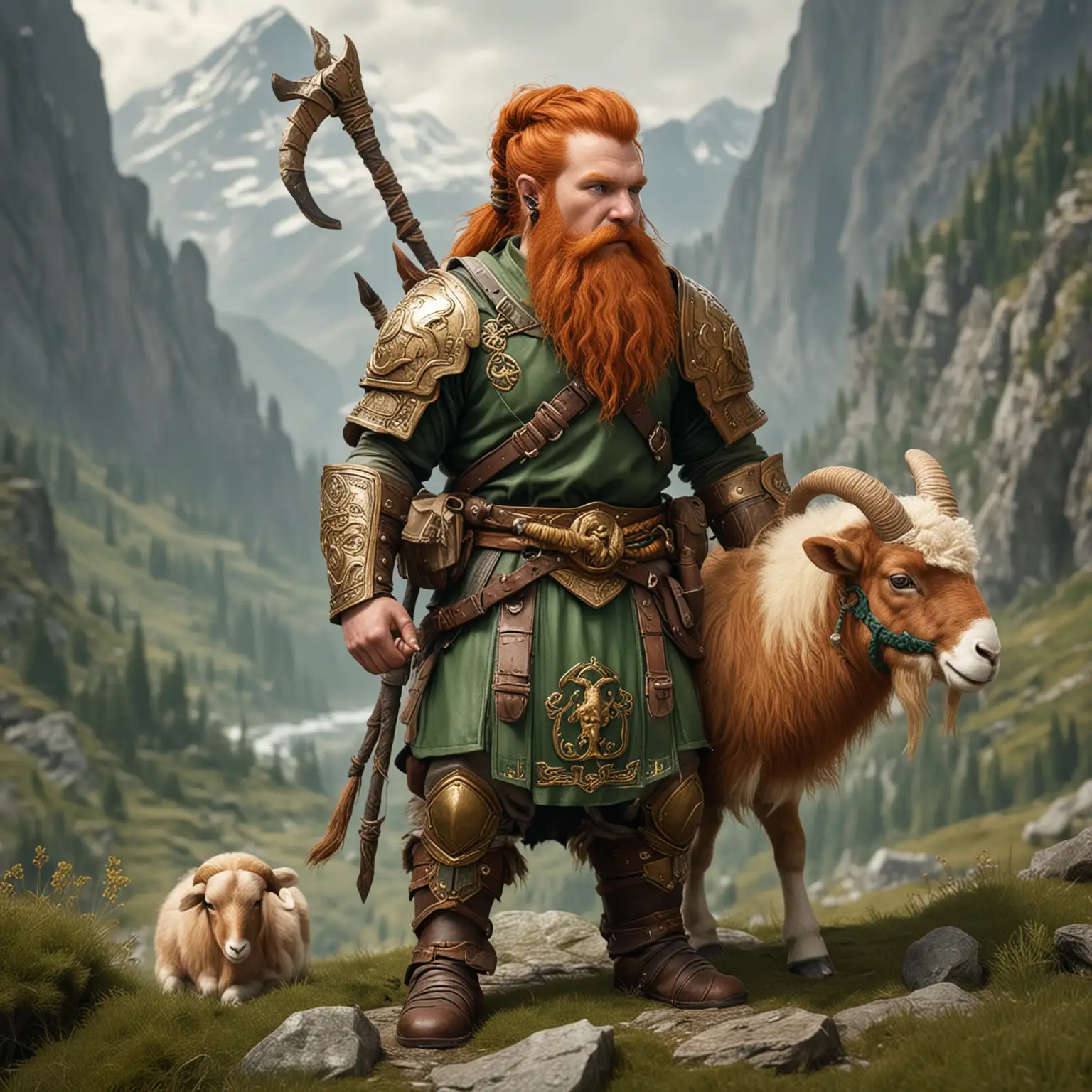 Mountain Dwarf Druid with Ginger Hair and Braided Beard in Green and Gold Plate Armor with Pet Ram