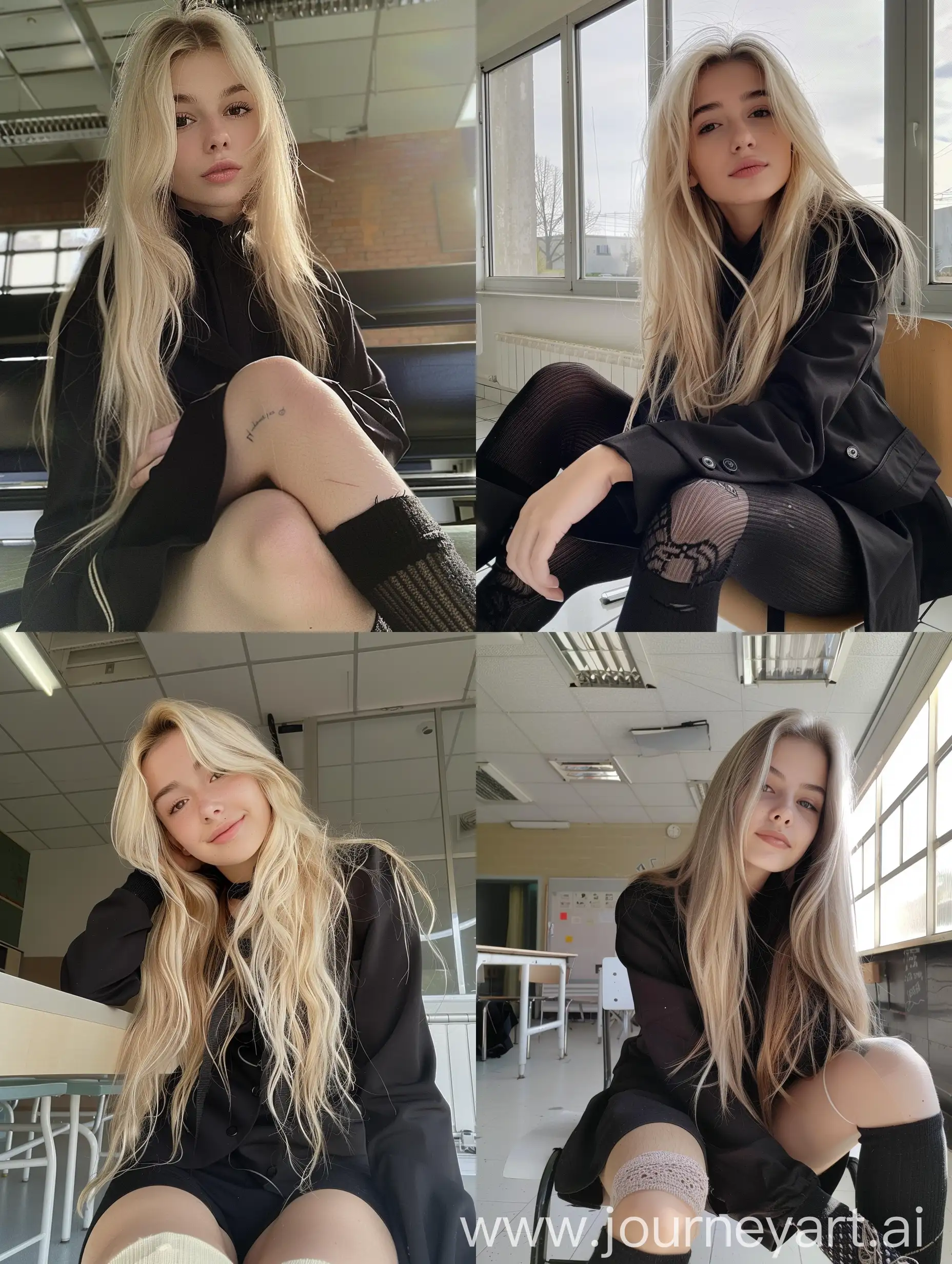 1  girl,    long  blond  hair ,   22  years  old,    influencer,    beauty   ,     in  the  school    ,school black  uniform  ,  makeup,   smiling, chão view,      sitting  on  chair  ,    socks  and  boots,    no  effect,     selfie   , iphone  selfie,      no  filters ,   iphone  photo    natural