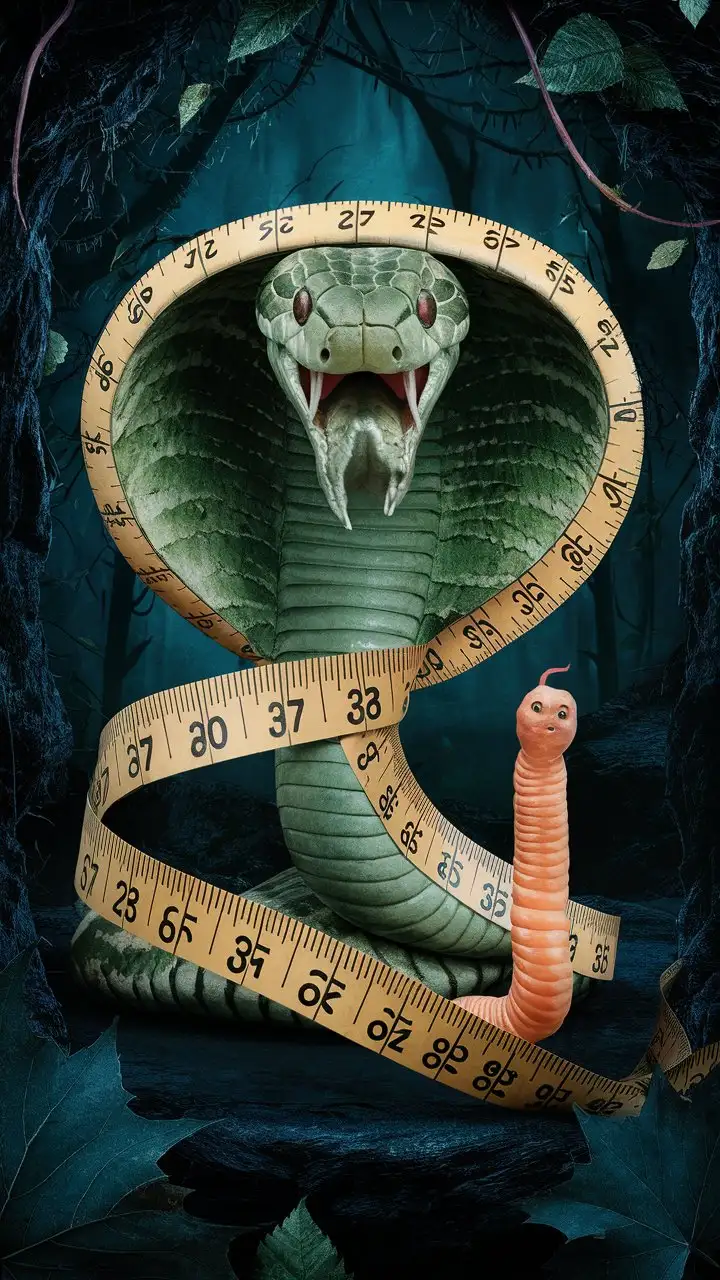 A worm being surrounded by a measuring tape and comparison of a small one and a huge snake one next to it. 