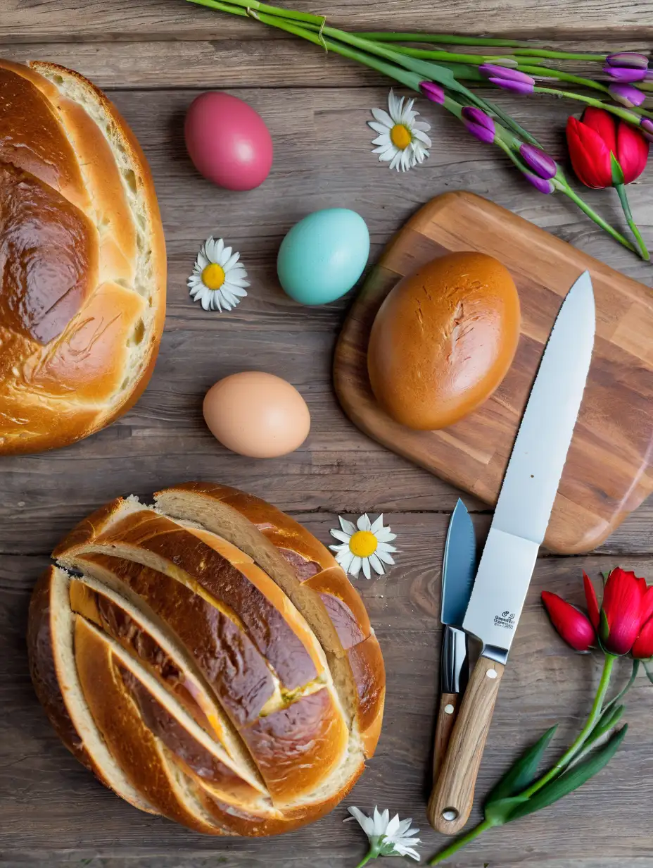 Bread, 5 color eggs, color flowers, bread knife, rustic design
