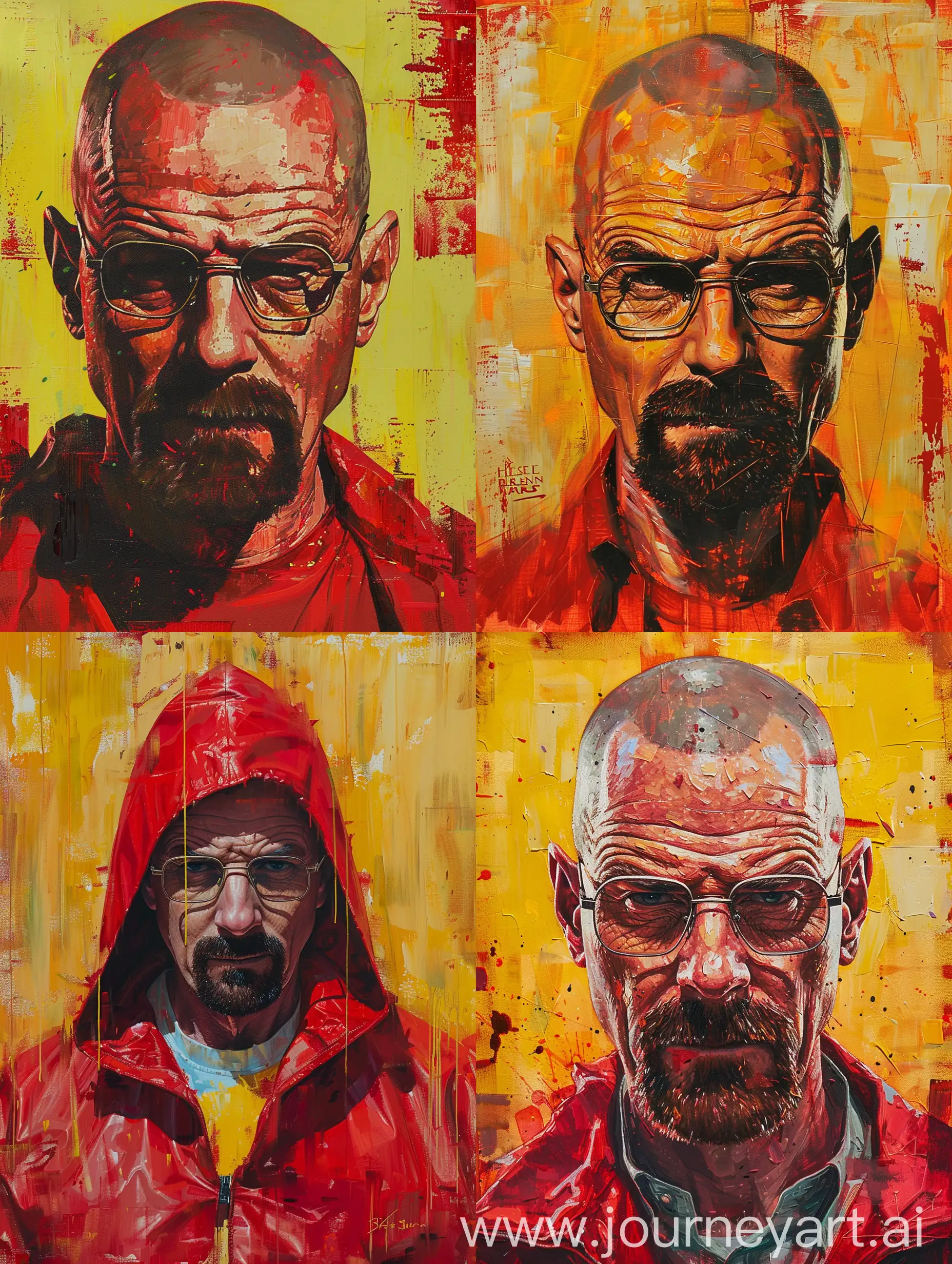 oil painting of heisenberg of breaking bad in star wars style with a color palette of bright red and moody yellow. There are also touches of bright skin tone in details and visible brush strokes
--c 3