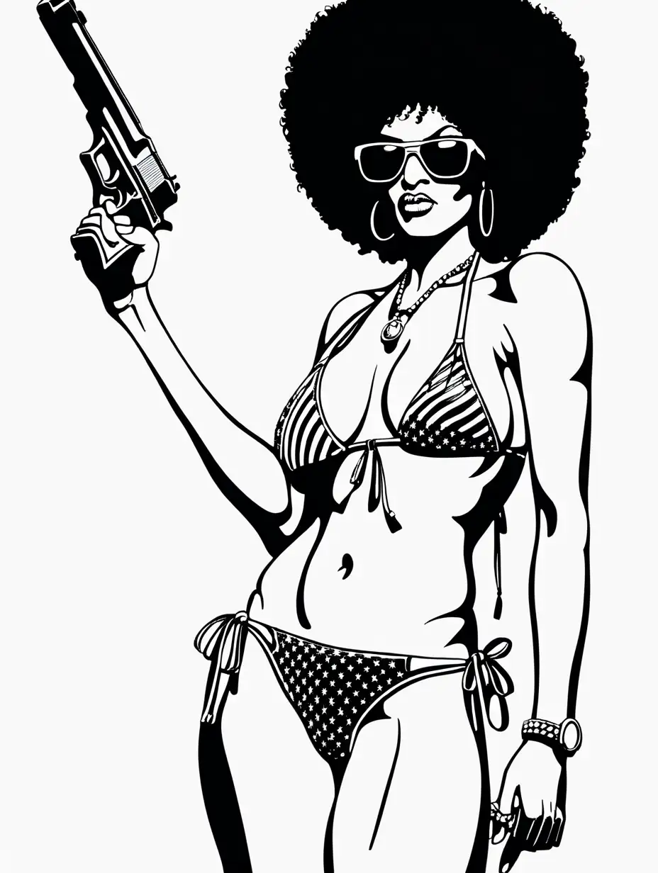 Ink line art style. Pam Grier as Foxy Brown. Full body image. Big Afro. Sun glasses. Blaxploitation image. Holding a gun. ((((Bikini only))))