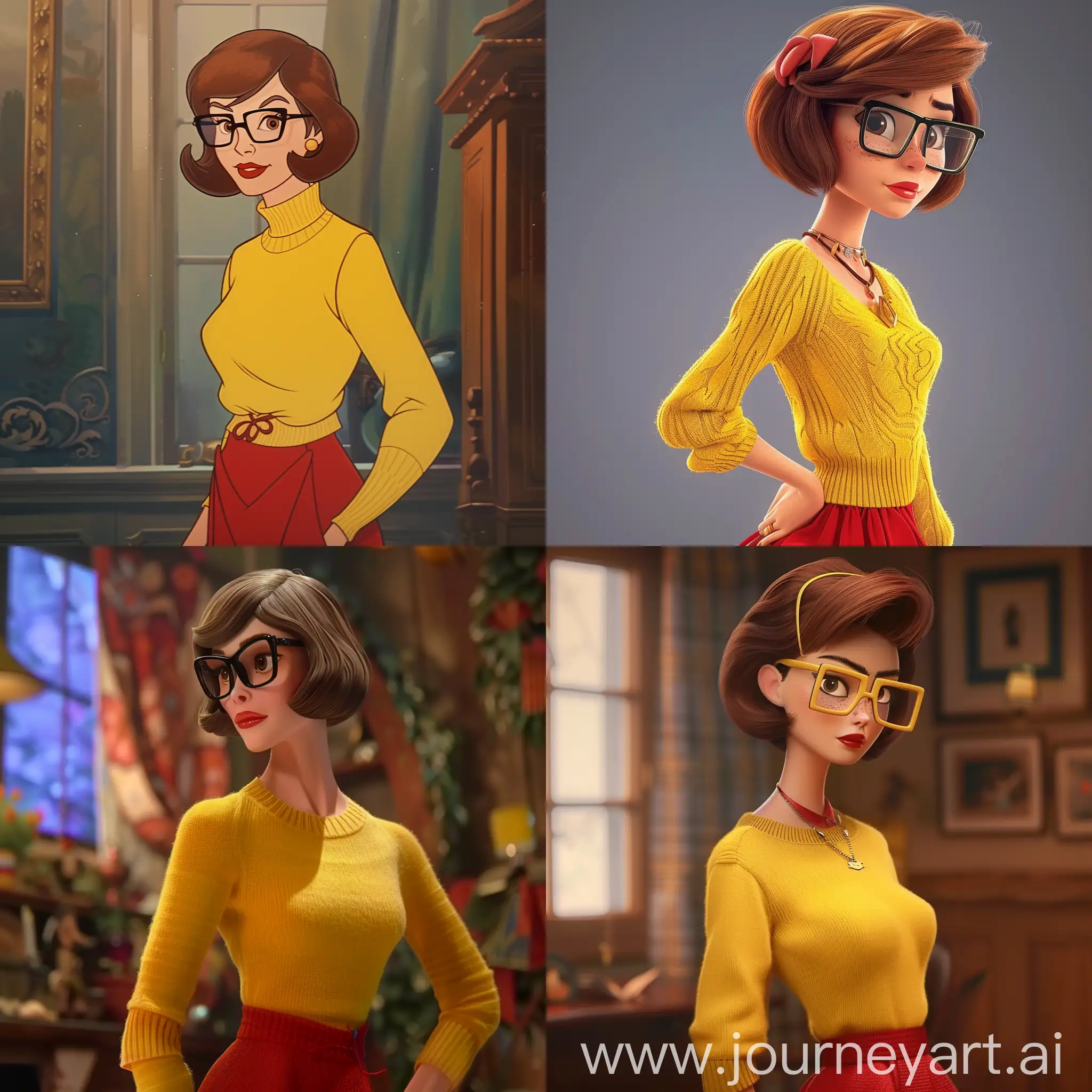a woman with short brown hair wearing square glasses, a yellow sweater and a red skirt (Velma dinkley) in Disney animation cartoon