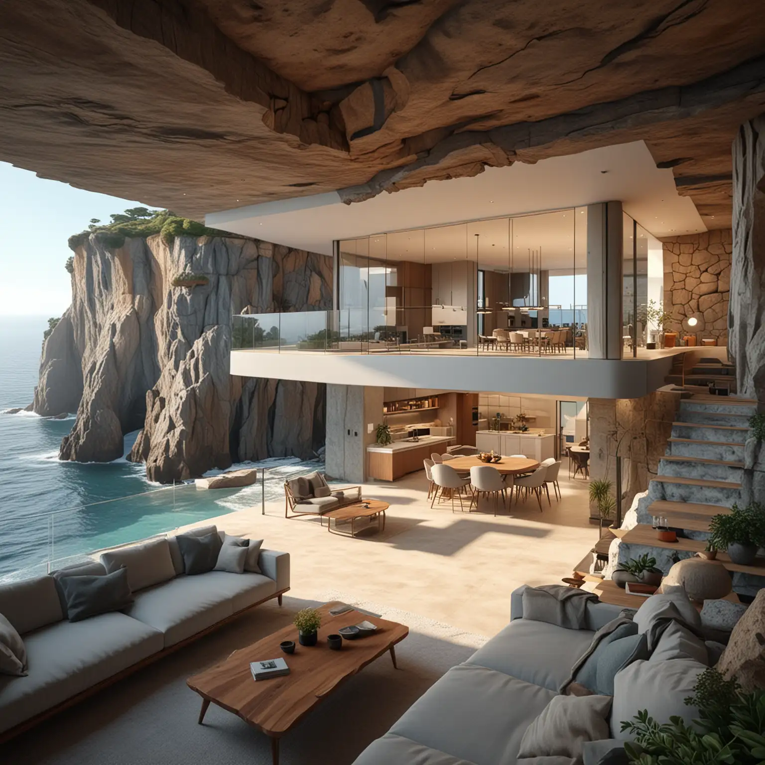 una casa moderna e bellissima ricavata in un anfratto di rocia a picco sul mare, dalle vetrate si vede anche il bellissimo e moderno arredamento,  la casa è in primo piano, alta qualità, 8k, foto realistico, realistico