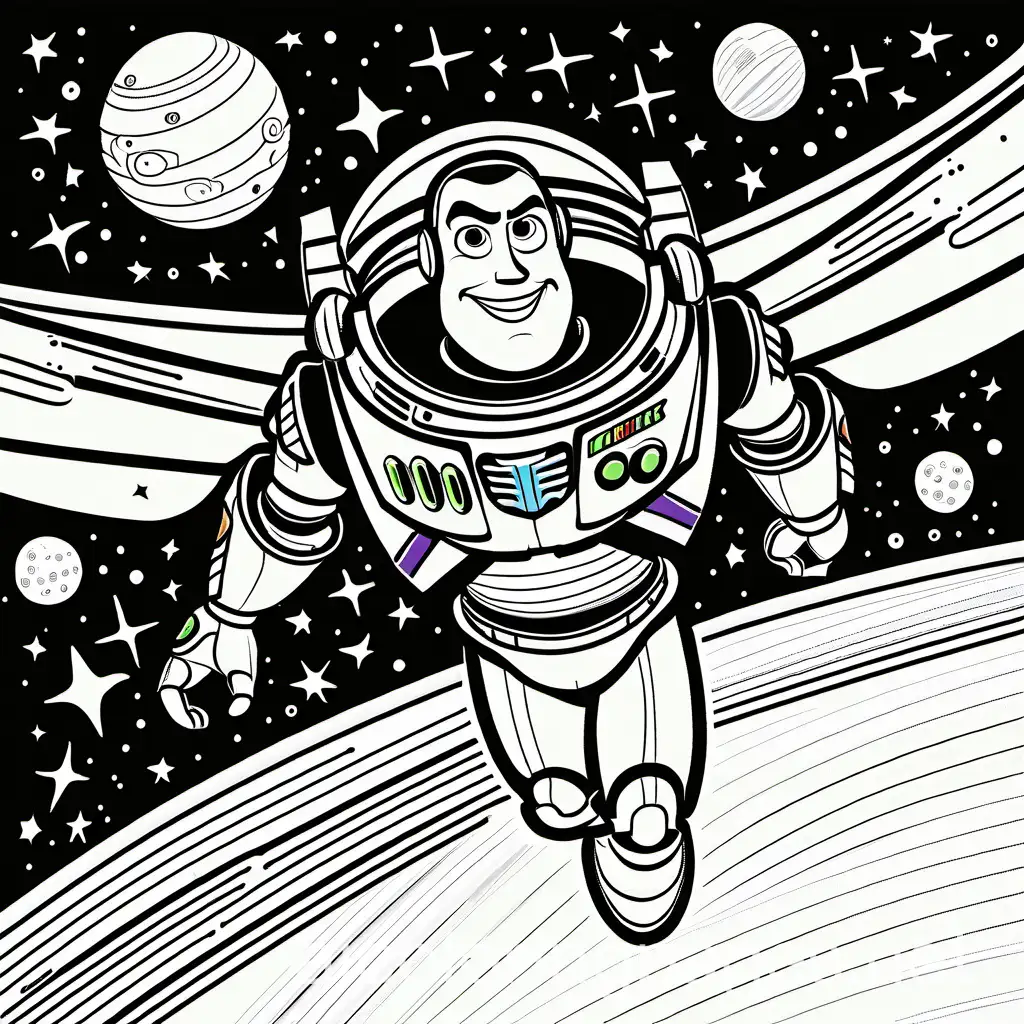 Buzz lightyear flying in space, Coloring Page, black and white, line art, white background, Simplicity, Ample White Space.