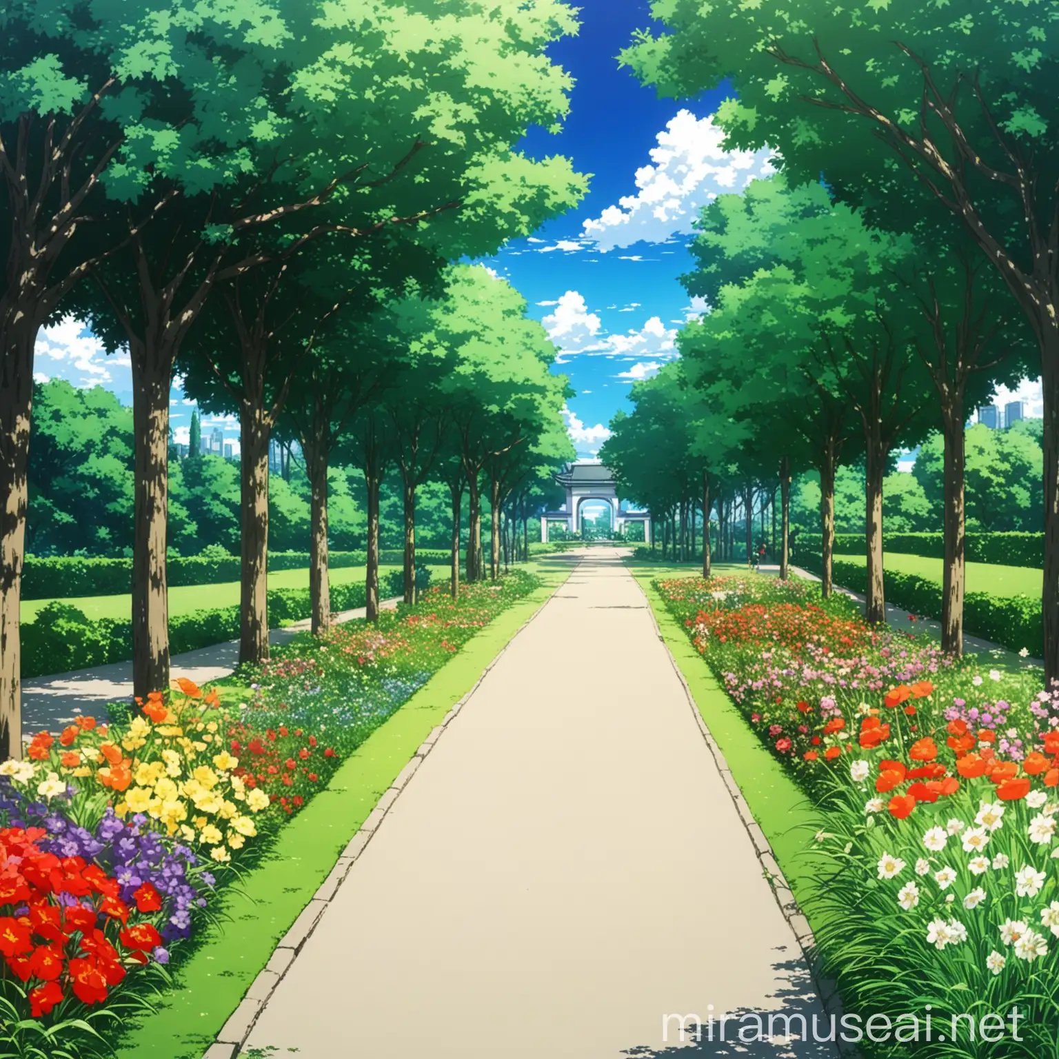 Anime Scene of a Picturesque Public Garden with a Spacious GrassFilled Pathway