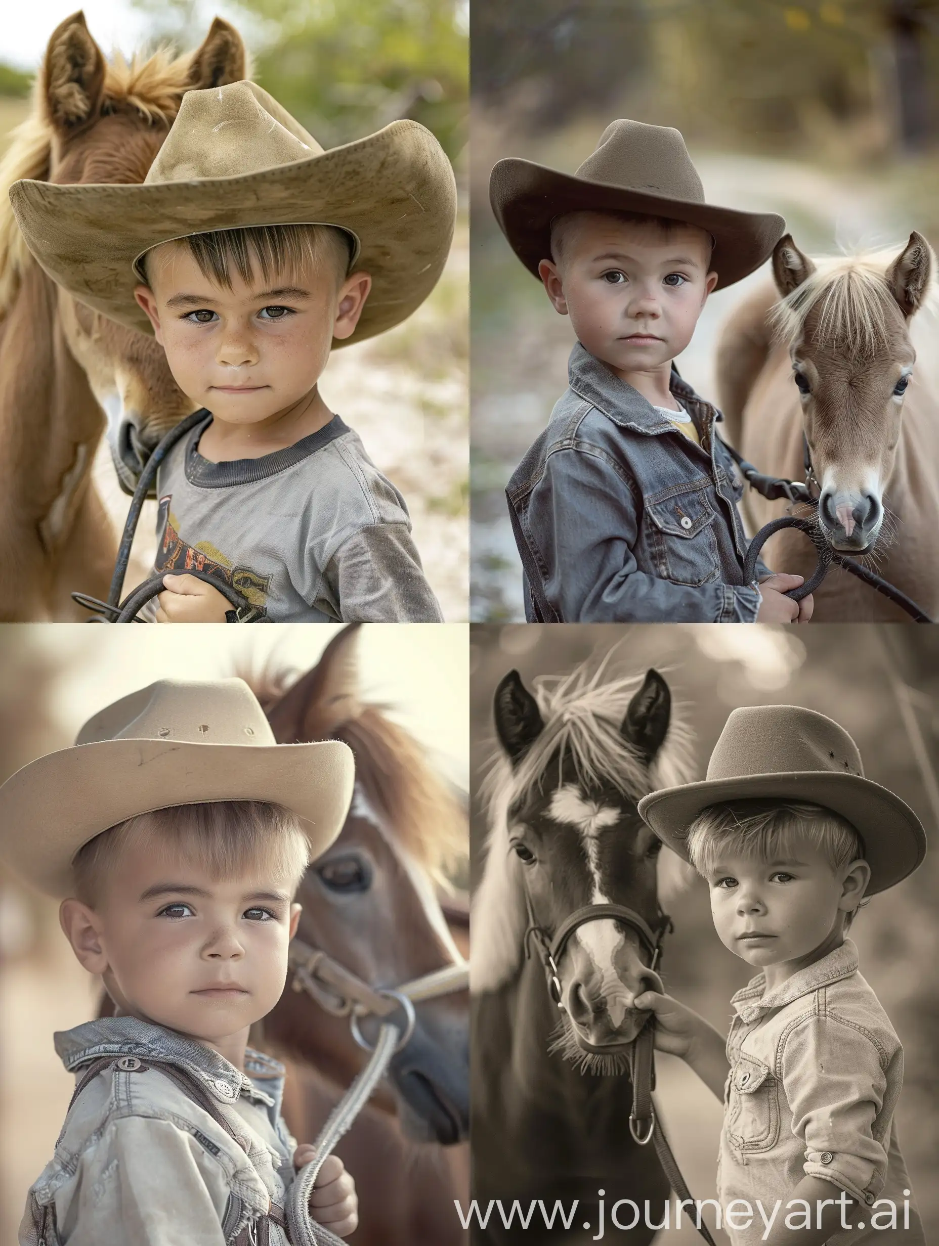 Young-Cowboy-Boy-Standing-with-Pony-Horse-in-Realistic-Portrait