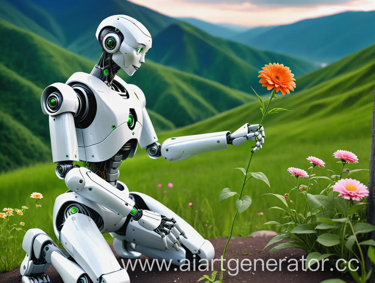 Стоит человекоподобный робот на колене.держит на руке цветок и смотрит на нее.сзаде робота зеленные горы.ракурс смотрит прямо на робота сбоку.