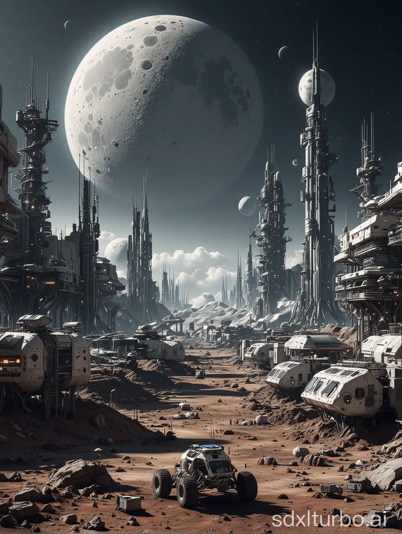 An extraterrestrial big city on the moon, with space station and energy center located in a futuristic moon habitat, accessible by a space elevator, with a moon buggy, The space station and energy center are rendered in a digital illustration style with a focus on the futuristic architecture of the habitat, earth, satellite,cinematic lighting, Unreal Engine, 8k, intricate detail --ar 3:4