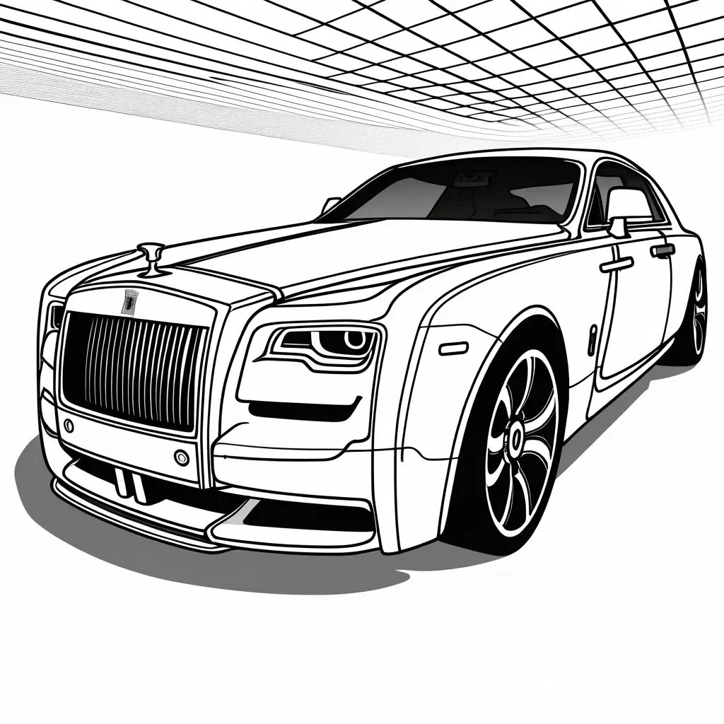 a futuristic look on Rolls-Royce car ,looks from 2050, highly detailed, the body of the car tuned up and modified, robotic looking , ready to race no background,  coloring page The background of the coloring page is plain white to make it easy for young children to color within the lines. The outlines of all the subjects are easy to distinguish, making it simple for kids to color without too much difficulty, Coloring Page, black and white, line art, white background, Simplicity, Ample White Space.