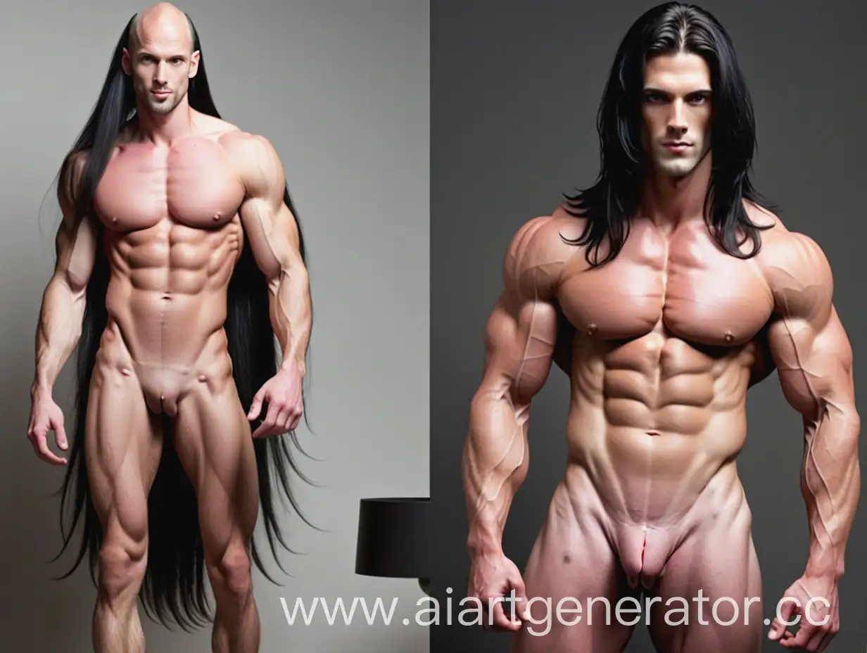 skinny guys with long black hair kills a naked big muscle bald guy